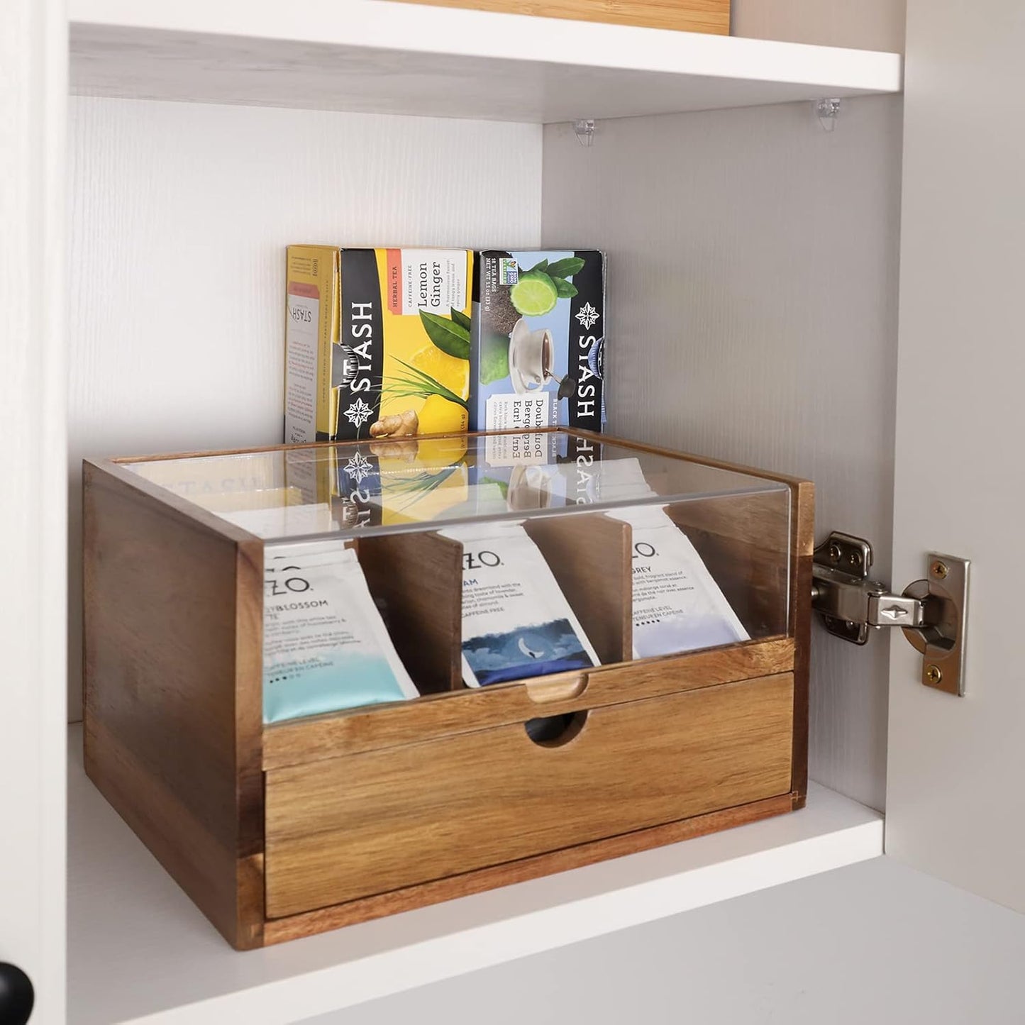 Large Tea Organizer 2 Tier with Drawer by HTB, Tea Bag Organizer with Acrylic Transparent Hinged Lid, 9 Compartments Wooden Tea Bag Holder for Home, Office, Tea Parties