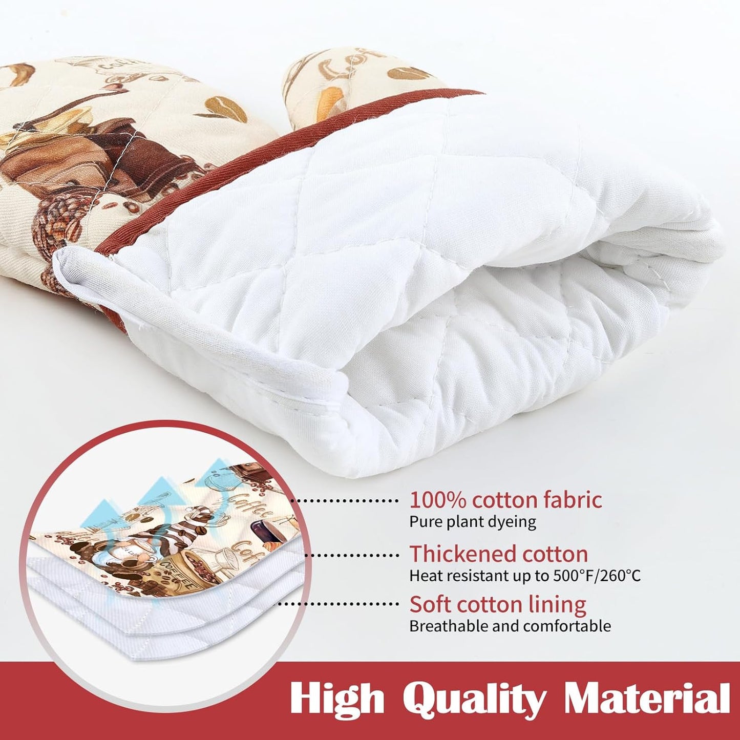 Coffee Gnome Oven Mitts and Pot Holders Sets 4Pcs, 100% Cotton Heat Resistant, Extra Long Oven Gloves Potholder for Kitchen Cooking Baking Decoration