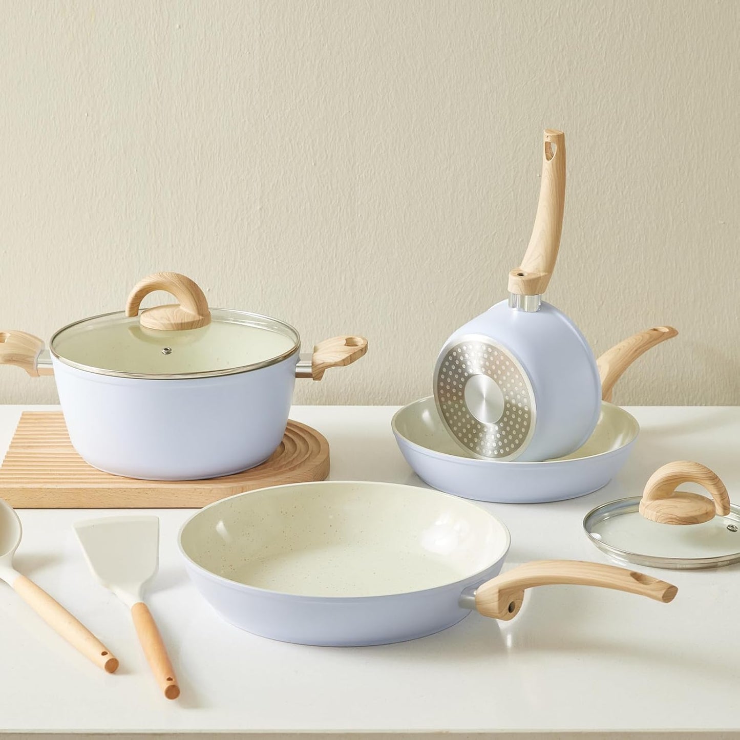 Blue Non Stick Pots and Pans Set, Healthy Ceramic Cookware Set, 12pcs Kitchen Cooking Pots and Frying Sauce Saute Pans Set, PFAS-Free with Kitchen Utensils and Lid