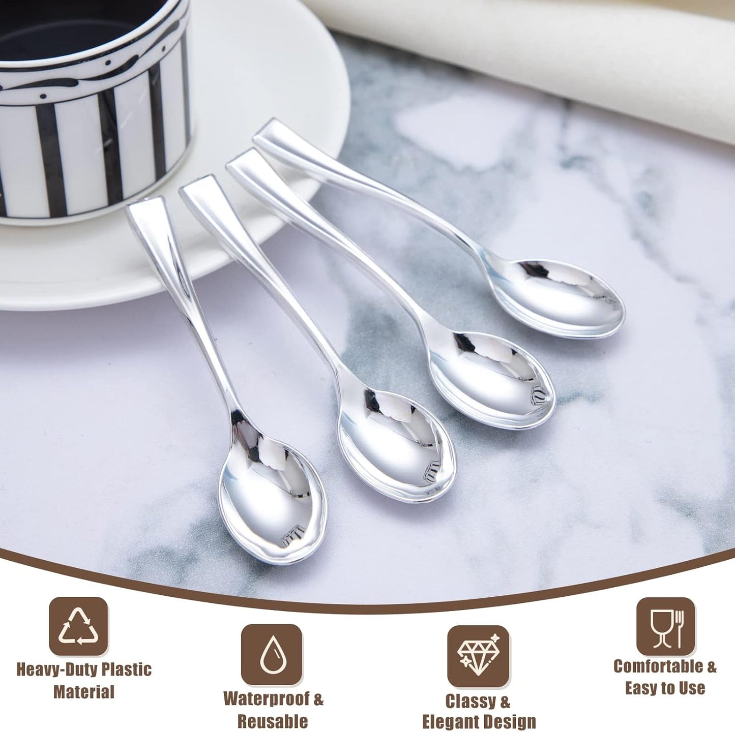 WDF 300 Pieces Plastic Silver Mini Spoons - 4 Inches Silver Plastic Tasting Spoons for Desserts, Heavy Duty Disposable Spoons Perfect for Coffee, Cake, Desserts, Appetizers for Wedding/Party