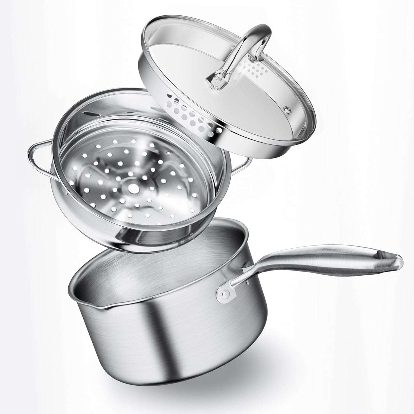 Leetaltree 1.5 Quart Stainless Steel Saucepan with Steamer Basket, Tri-ply Construction, Versatile Sauce Pan with Double-sized Drainage Lid - Perfect for Cooking Gravies. Pasta, Vegetable and More