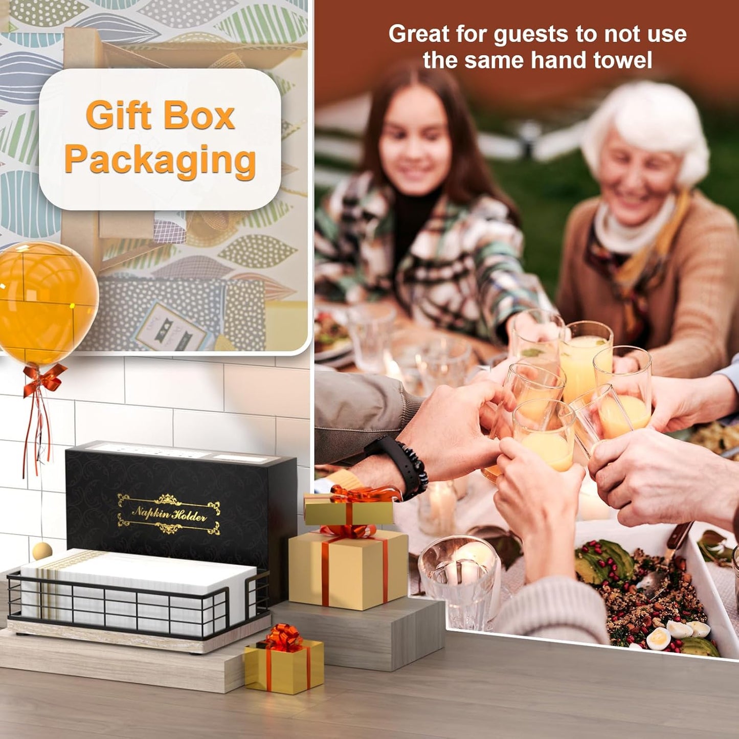 Wican Guest Towel Holder Tray for Bathroom, Ash and Iron Napkins Holder for Powder Room Dinning Table Wooden Basket for Disposable Paper Hand Towels Black and Ash