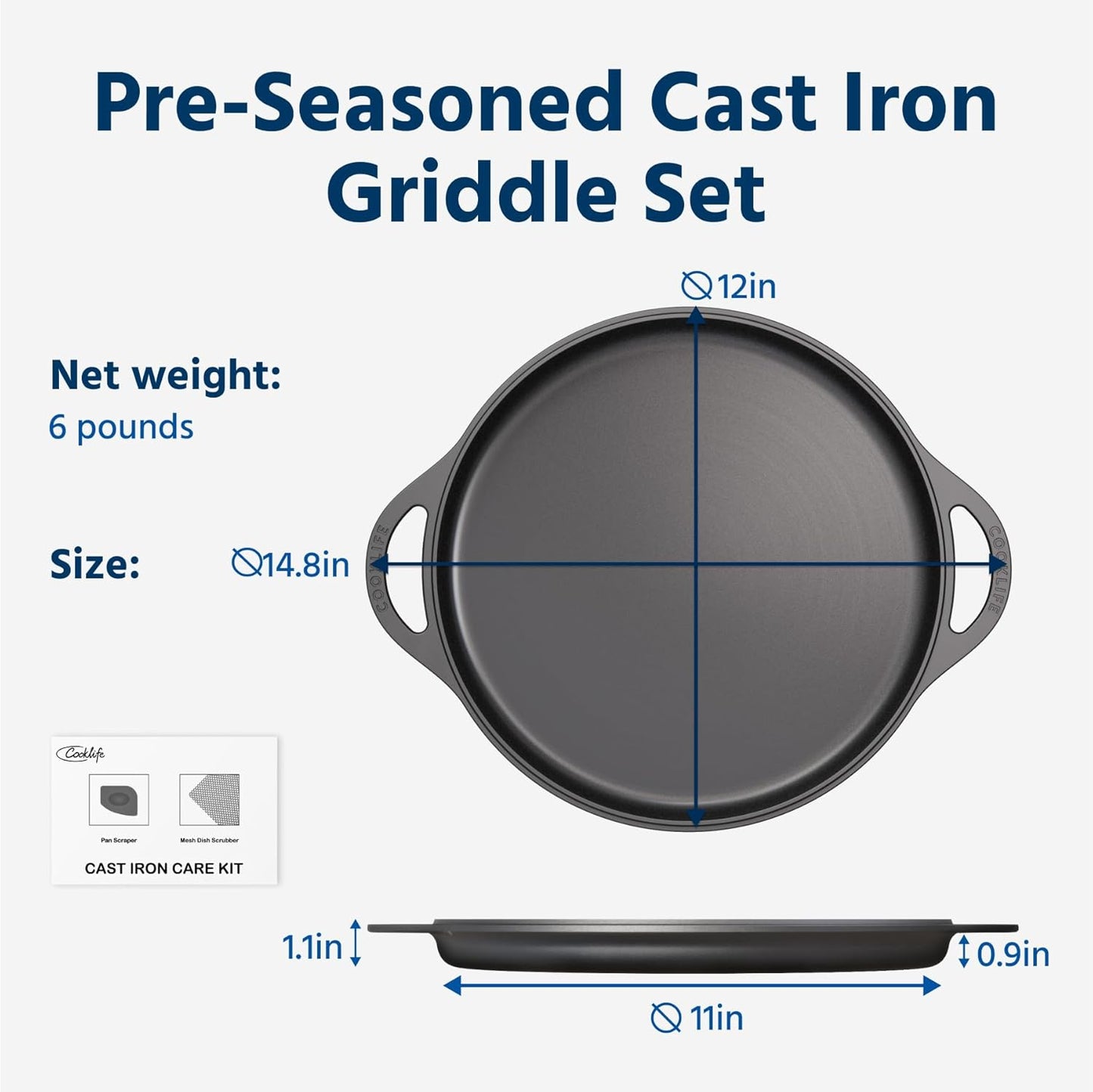 COOKLIFE 12 Inch Lightweight Pre-Seasoned Cast Iron Griddle with Cleaning Kit - Smooth Polished Surface, Easy to Clean Cast Iron skillets Use in the Oven, on the Stove or Grill, Over a Campfire