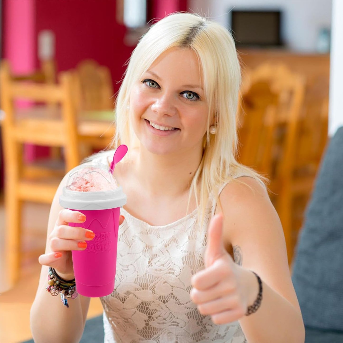2PCS Slushie Maker Cup, Quick Frozen Magic Cups for Homemade Milk Shake Ice Cream Maker, Double Layer Squeeze Slushy Maker Cup, Birthday Gifts for Kids,Friends,Family (Blue+Pink)