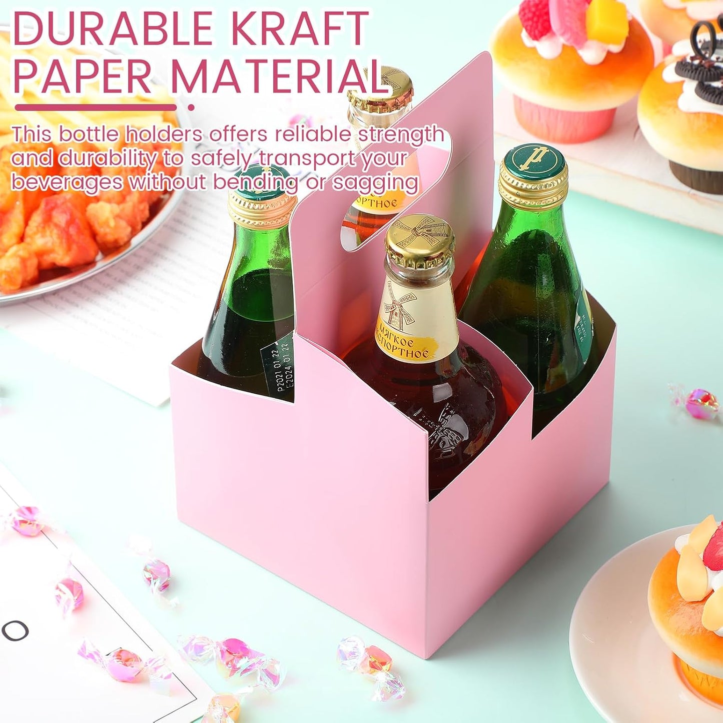 Jetec 4 Cup Drink Carrier with Handle, Kraft Paperboard Beer Carrier, Disposable Drink Holder for Hot or Cold Drinks, 12-16 oz Bottle Holder for Soda and Other Bottled Products(50 Pcs,Pink)