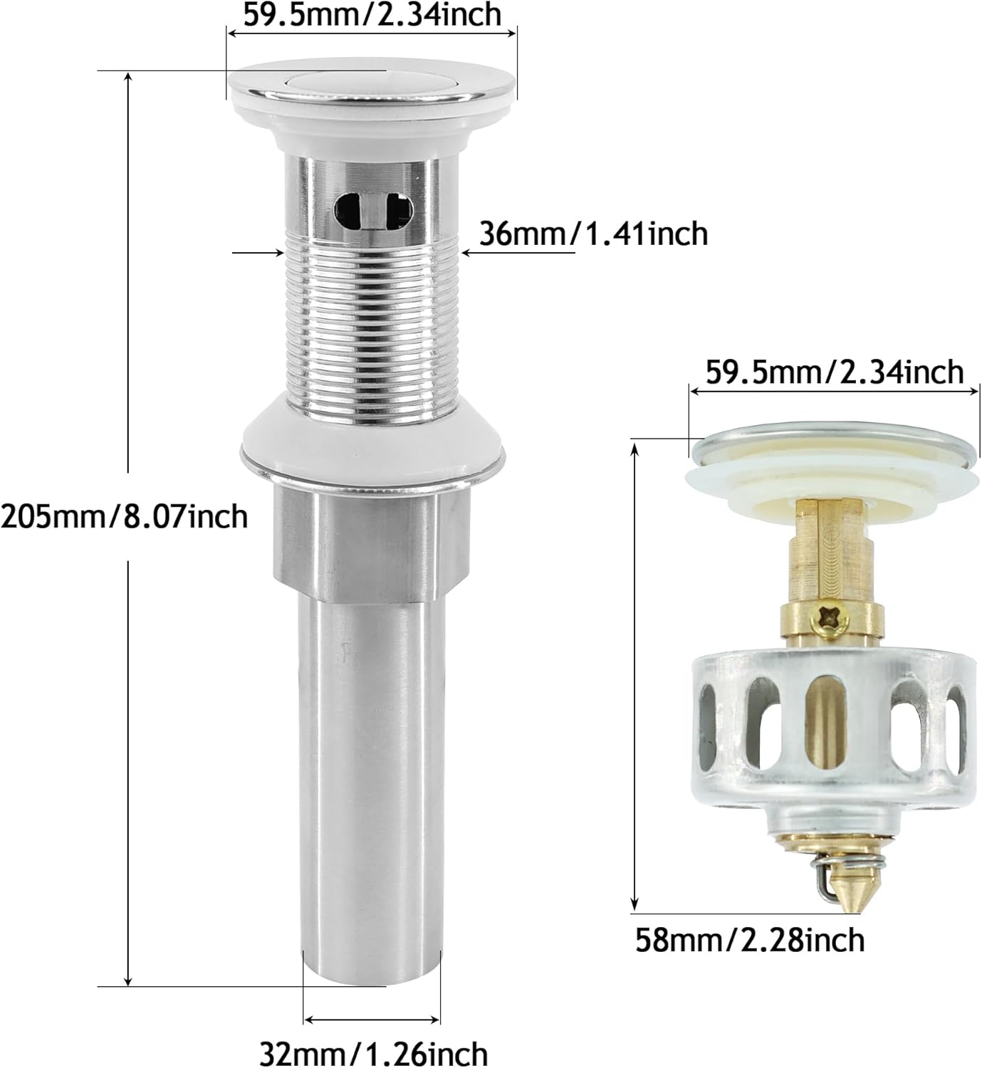 Bathroom Sink Drain,2 Pack Drain Stopper with Overflow,Small Cap Pop Up Drain Assembly with Detachable Strainer Basket,Built-in Anti-Clogging, Stainless Steel Nut Brushed Nickel