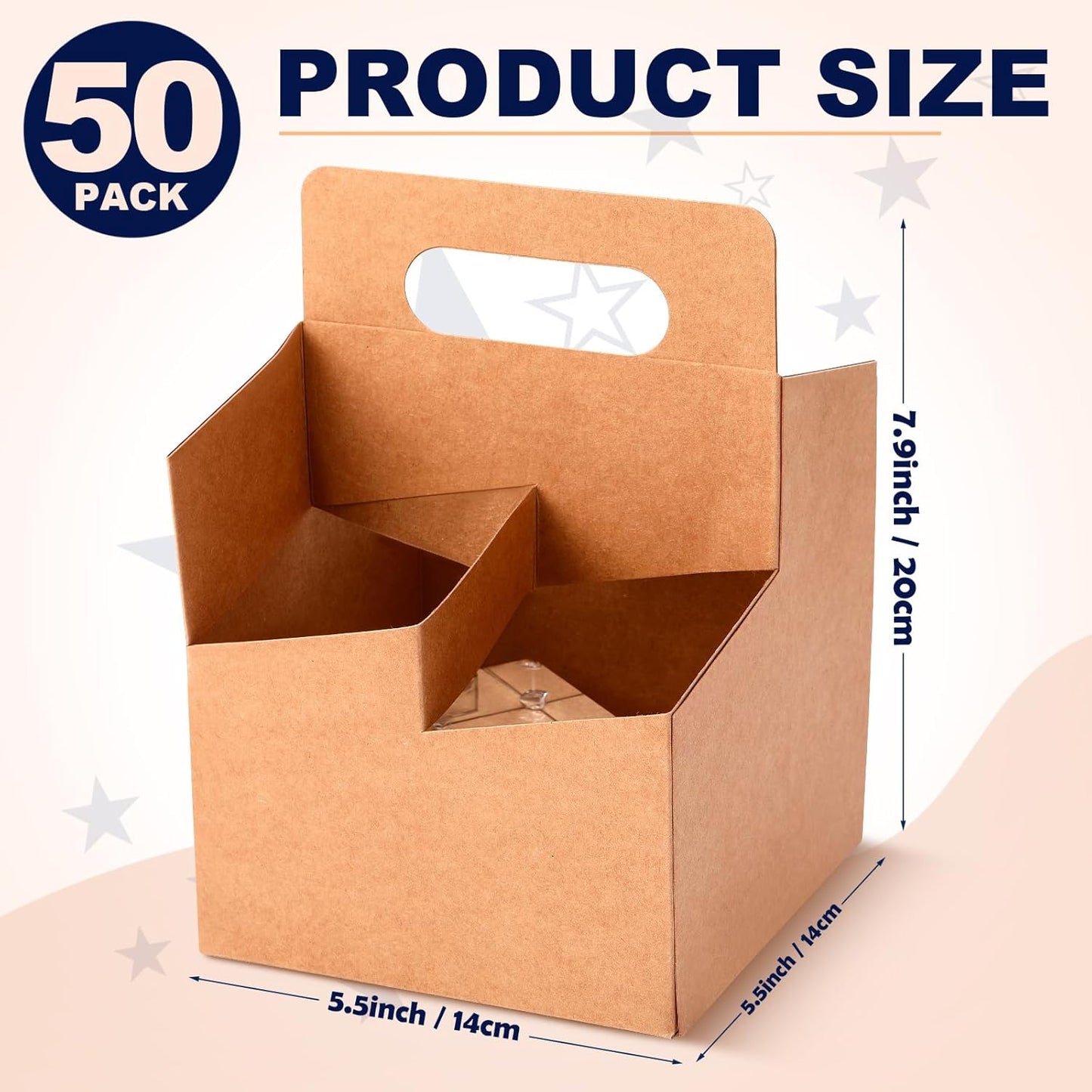 Jetec 4 Cup Drink Carrier with Handle, Kraft Paperboard Beer Carrier, Disposable Drink Holder for Hot or Cold Drinks, 12-16 oz Bottle Holder for Soda and Other Bottled Products(50 Pcs,Brown)