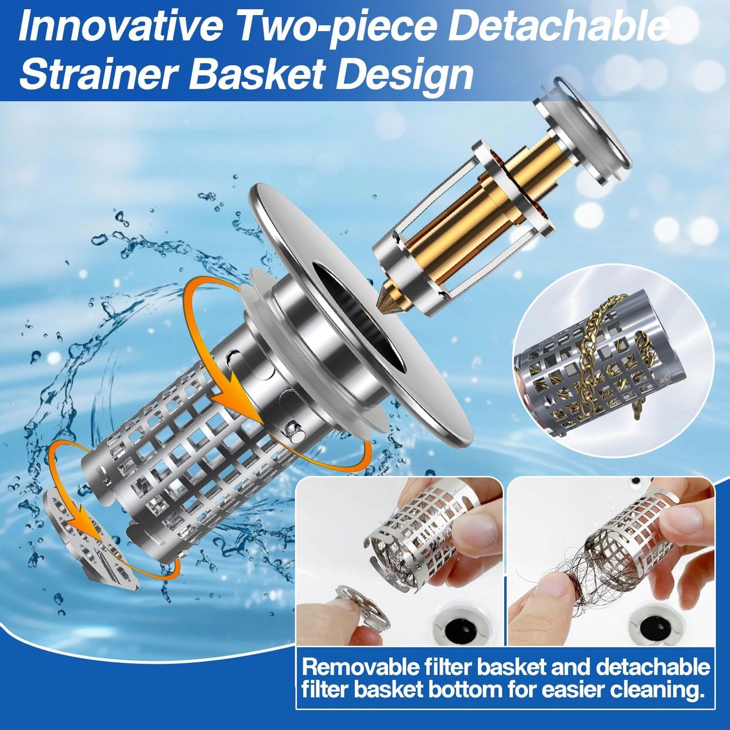 Sink Drain Stopper, 3-in-1 Pop Up Sink Strainer with Removable Hair Catcher for Bathroom Sink, Universal 1.1-2.36 Inch Drain Cover, 2PCS, Brass Core (New/1PCS)