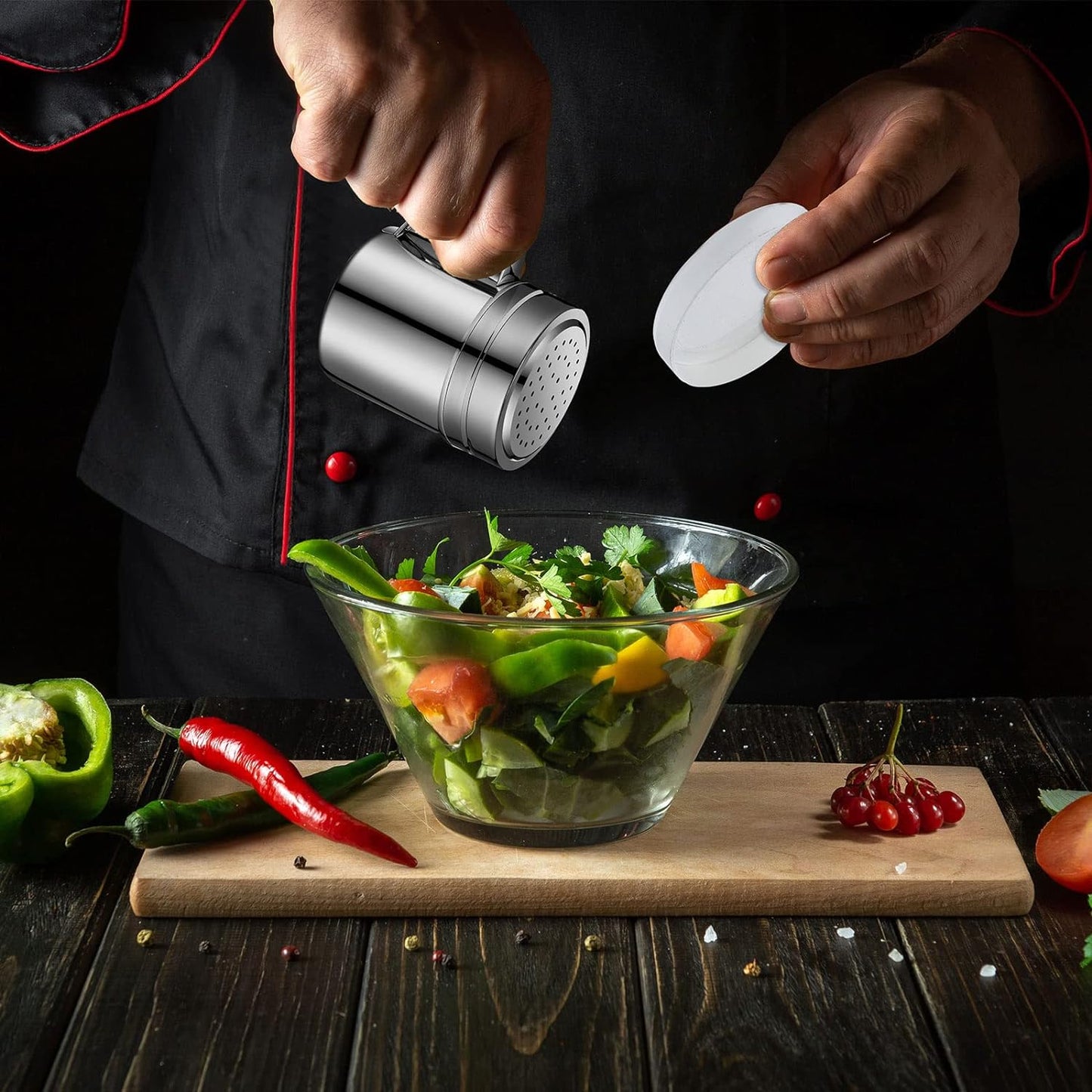 Lallisa 6 Pcs 10oz Stainless Steel Salt and Pepper Shakers with Lid and Handle Dredge Spice Seasoning Condiment Popcorn Salt Shaker Powder Sugar Flour for Cooking Kitchen Baking