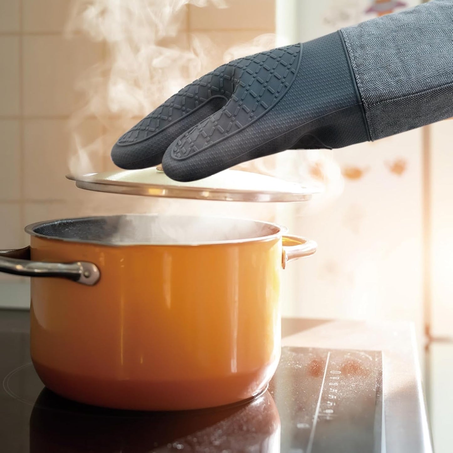 Professional Microwave Silicone Oven Mitts one Pair, Kitchen Mitten Set for Heat Resistant with 500 Degrees, Kitchen Gloves Pot Holder for BBQ Cooking Baking (Gray)