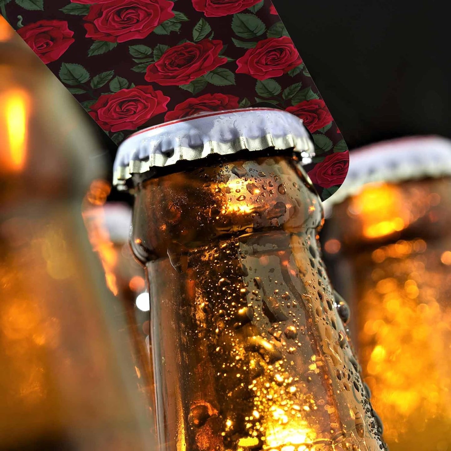 Red Rose Stainless Steel Bottle Opener Flower Art Romantic Floral Petal Blossom Green Leaf Valentine Mother's Day Flat Beer Bottle Opener Keychain for Home Kitchen Bar Restaurant Party Gift