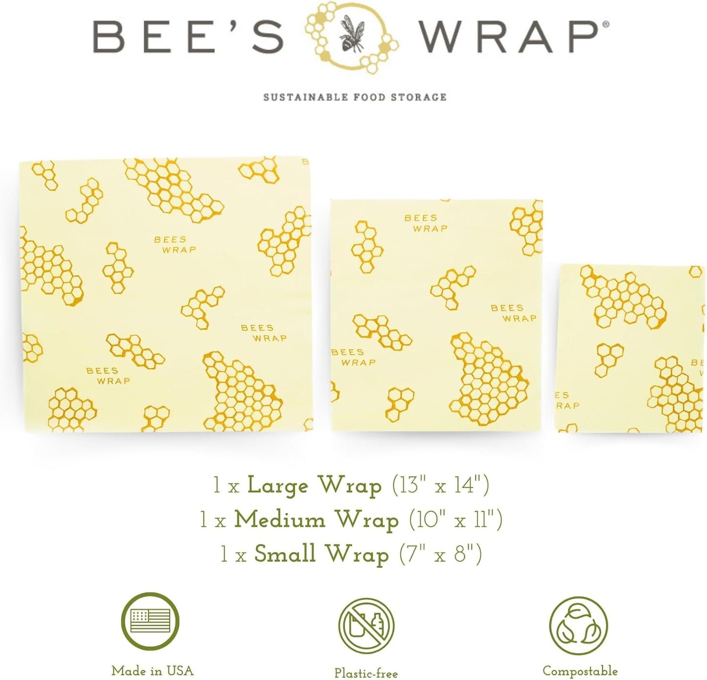 Bee's Wrap Beeswax Wraps for Food - Honeycomb 3 Pack (S, M, L) Made in USA Reusable & Organic Food Wraps, Sandwich Wrap & Bowl Covers - Eco-Friendly Alternative to Aluminum Foil & Plastic Wrap