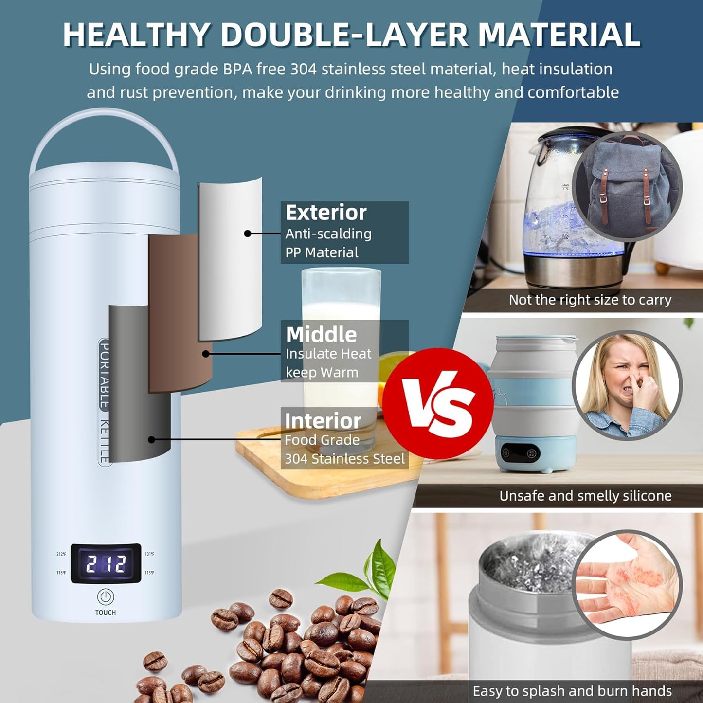 Travel Electric Kettle Portable Small Mini Tea Coffee Kettle Water Boiler, Water Heater with 4 Temperature Control,304 Stainless Steel with Auto Shut-Off & Boil Dry Protection, BPA-Free (Blue)