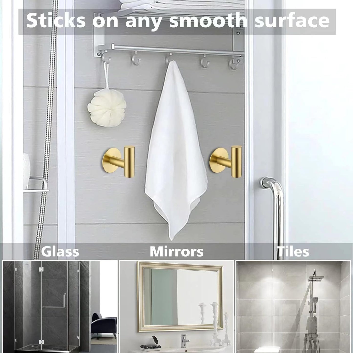 Adhesive Hooks Towel Hooks for Bathroom, Stainless Steel Waterproof Shower Hook Towels Holders, Coat Hook for Hanging Clothes, Wall Hooks Stick on Bathroom or Kitchen - 2 Pack, Gold