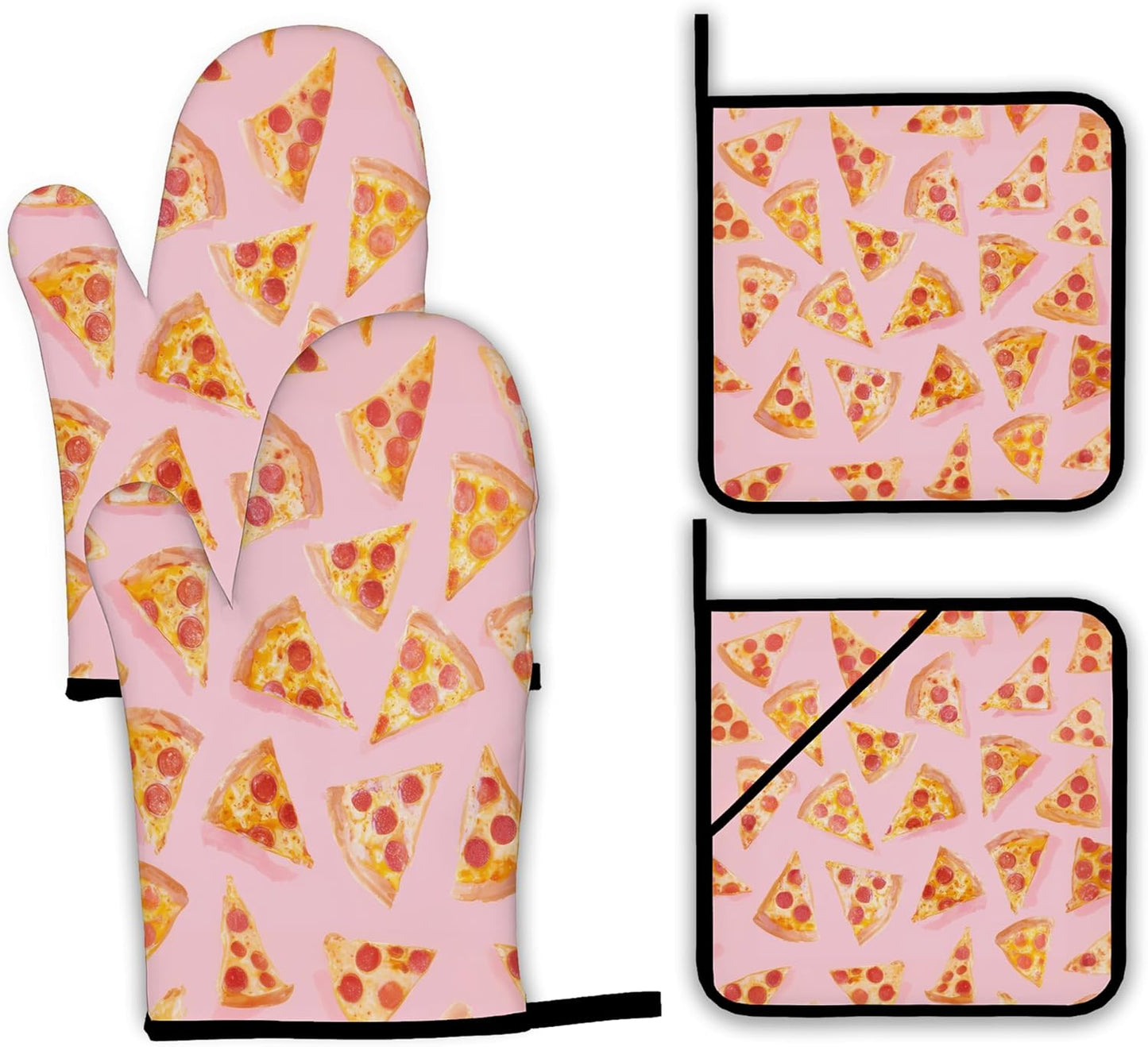 Cute Pizza Oven Mitts and Pot Holders,Heat Resistant Oven Mitts Gloves and Pot Holder for Home Kitchen Decorations Cooking Baking BBQ Gifts,Set of 4