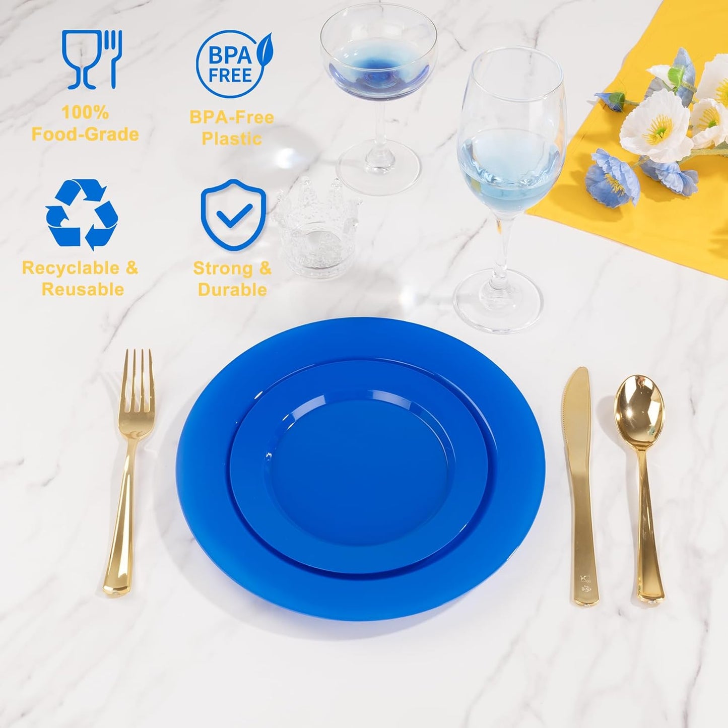 I00000 102 Pcs Blue Plastic Plates, Disposable Party Plates Include 51 Blue Dinner Plate 10’’ and 51 Plastic Dessert Plate 7’’ Perfect for Birthday, Party & Wedding