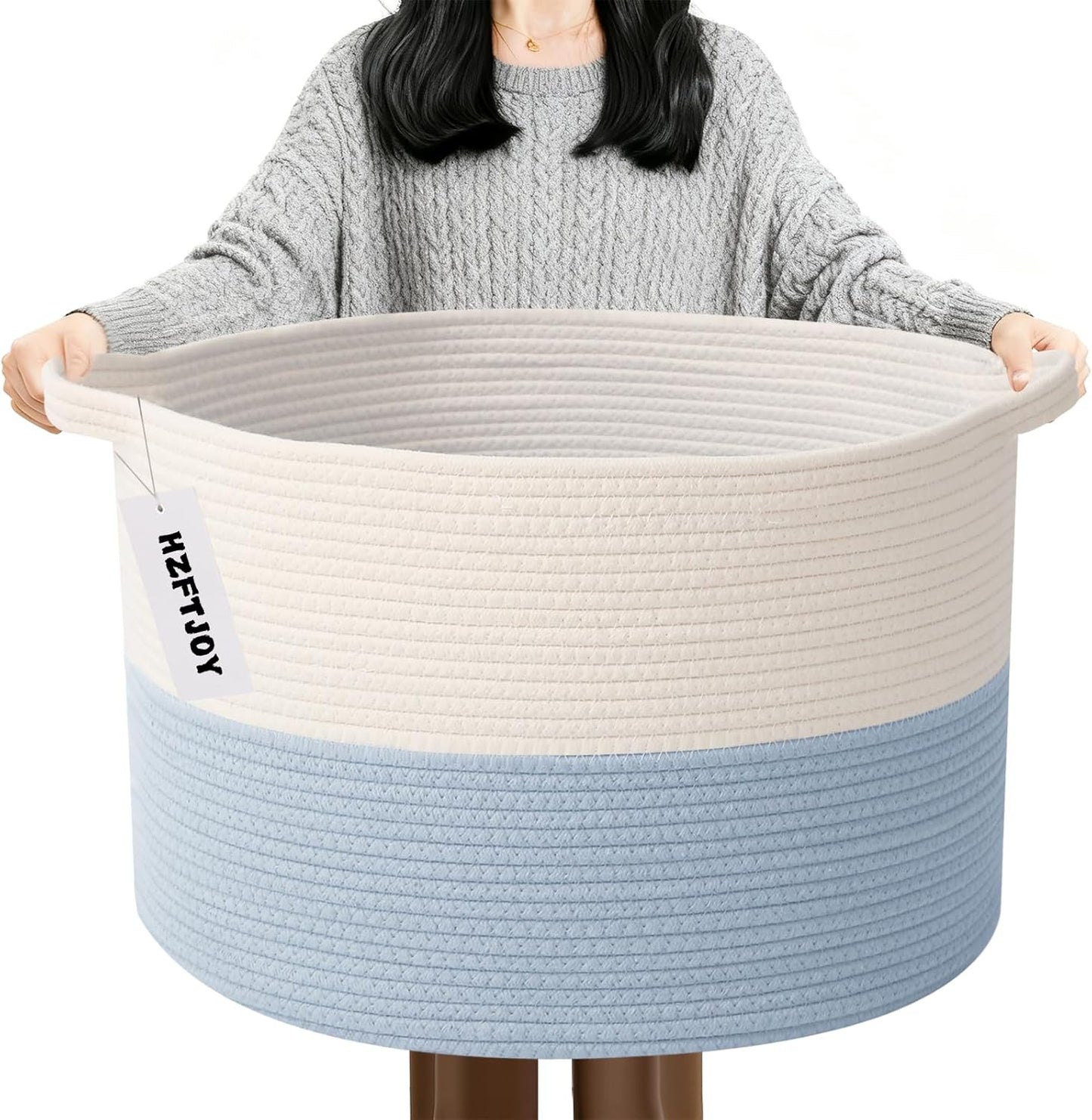 Large Blanket Basket for Organizing,115L Closet Organizers and Storage Bins Box for Shelves Woven Rope Storage Baskets,Living Room,Bedroom,Dorm,Laundry room (White&Blue)