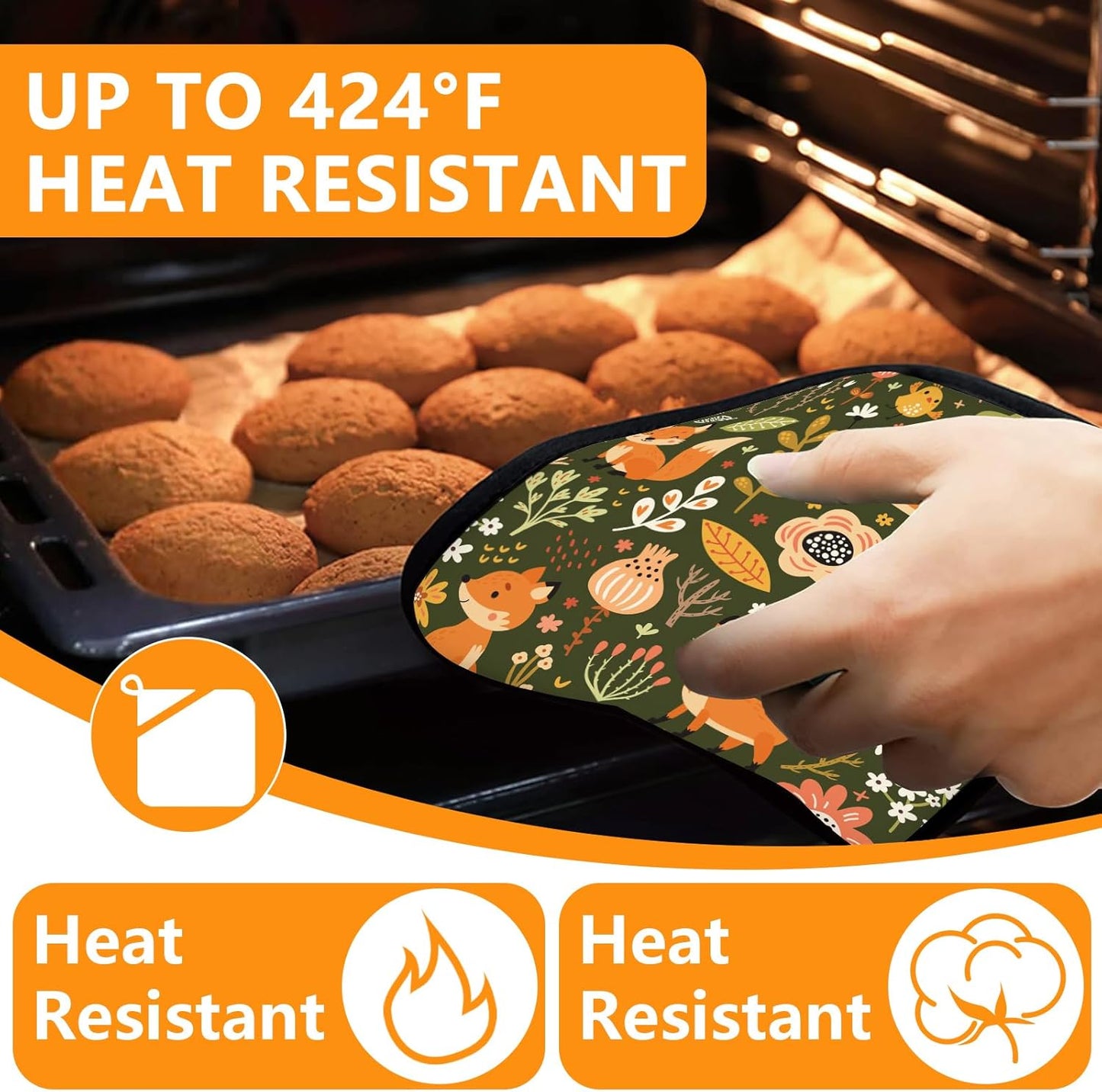Fox Oven Mitts and Pot Holders Sets 4Pcs,Extra Long Oven Gloves Potholder for Kitchen Cooking Baking BBQ 100% Cotton Heat Resistant