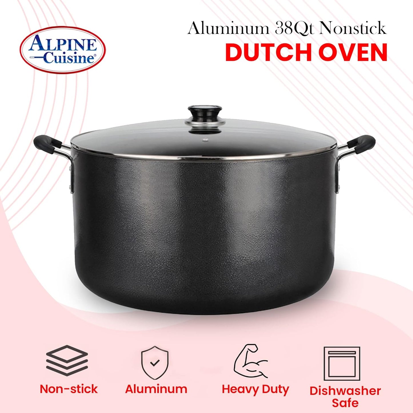 Alpine Cuisine 38 Quart Non-stick Stock Pot with Tempered Glass Lid and Carrying Handles, Multi-Purpose Cookware Aluminum Dutch Oven for Braising, Boiling, Stewing
