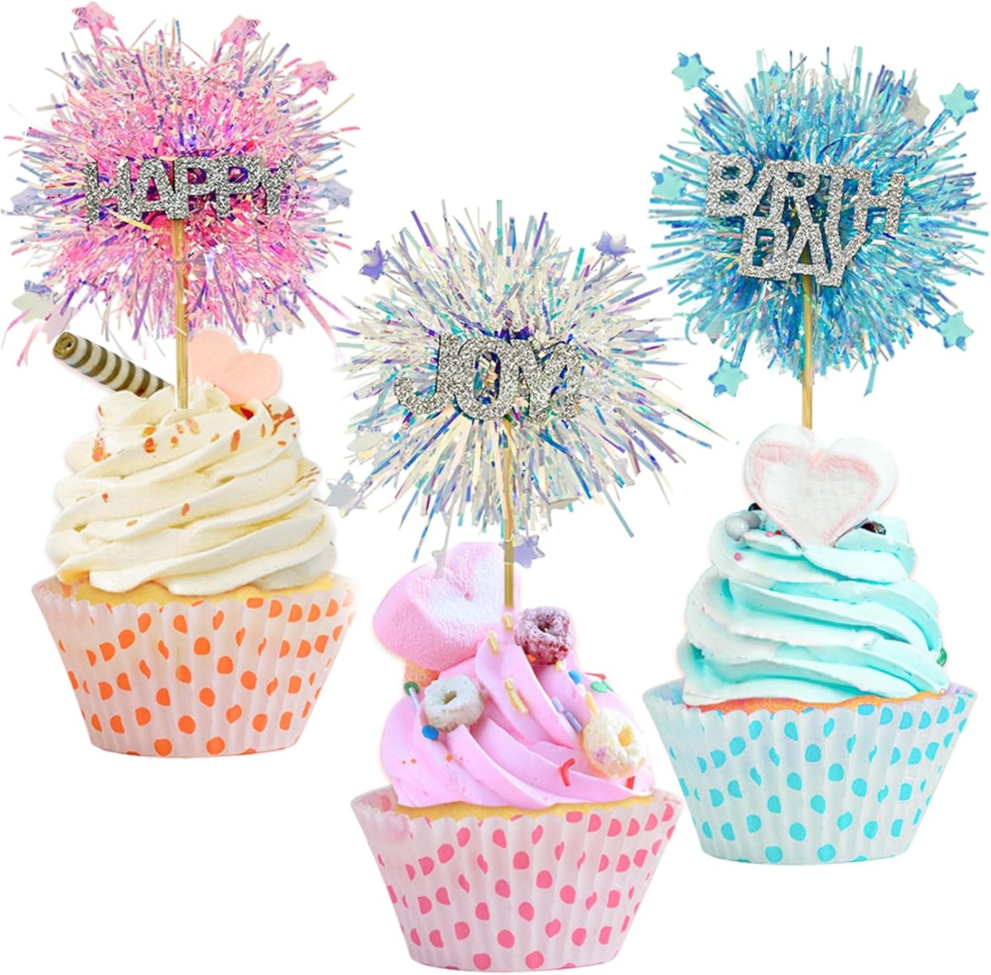 LOLStar 12 Pcs Happy Birthday Cake Toppers, Foil Firework Cupcake Toppers Blue Pink Sparkle Tinsel Drink Stirrers Cake Party Decoration, Cocktail Food Fruit Toothpick for Holiday Photo Booth Props