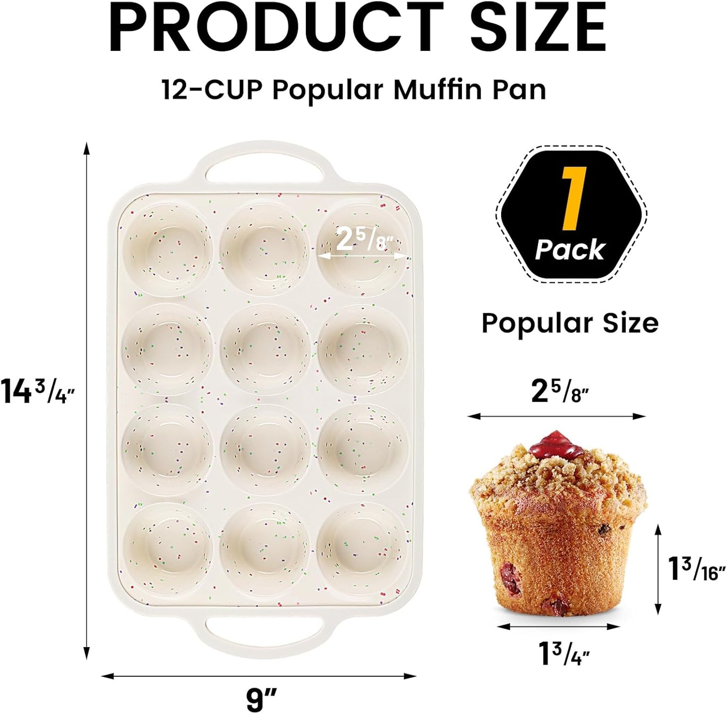 1Pack Silicone Muffin Pan for Baking with Metal Reinforced Frame, 12 Cup Regular Size Cupcake Pan, BPA Free Silicone Muffin Tray, Cupcake Baking Pan Molds for Oven Dishwasher Safe - Cream