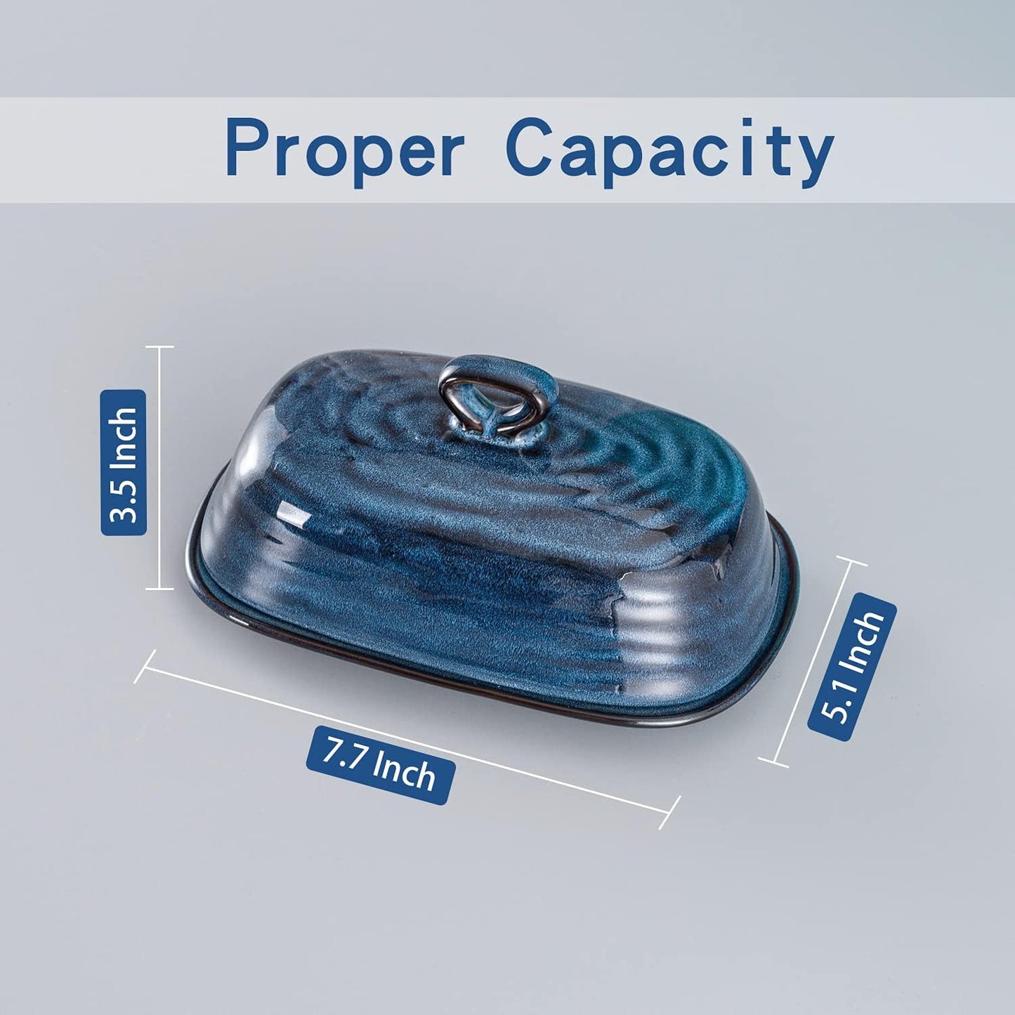 Hasense Porcelain Butter Dish with Lid, Covered Butter Container with Handle Design for Countertop, Blue