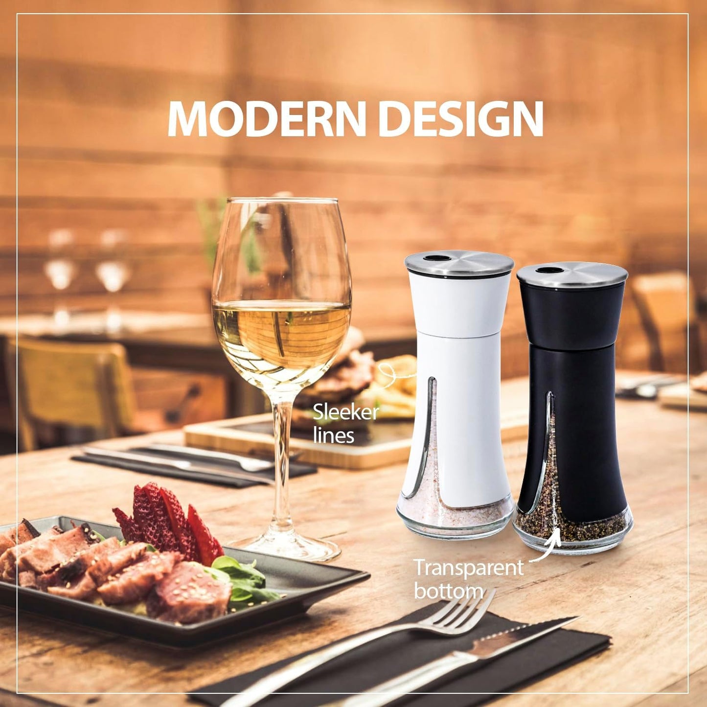 Farmhouse Salt and Pepper Shakers by Aelga - Salt Shaker with Adjustable Pour Holes for Himalayan, Kosher, Black and White