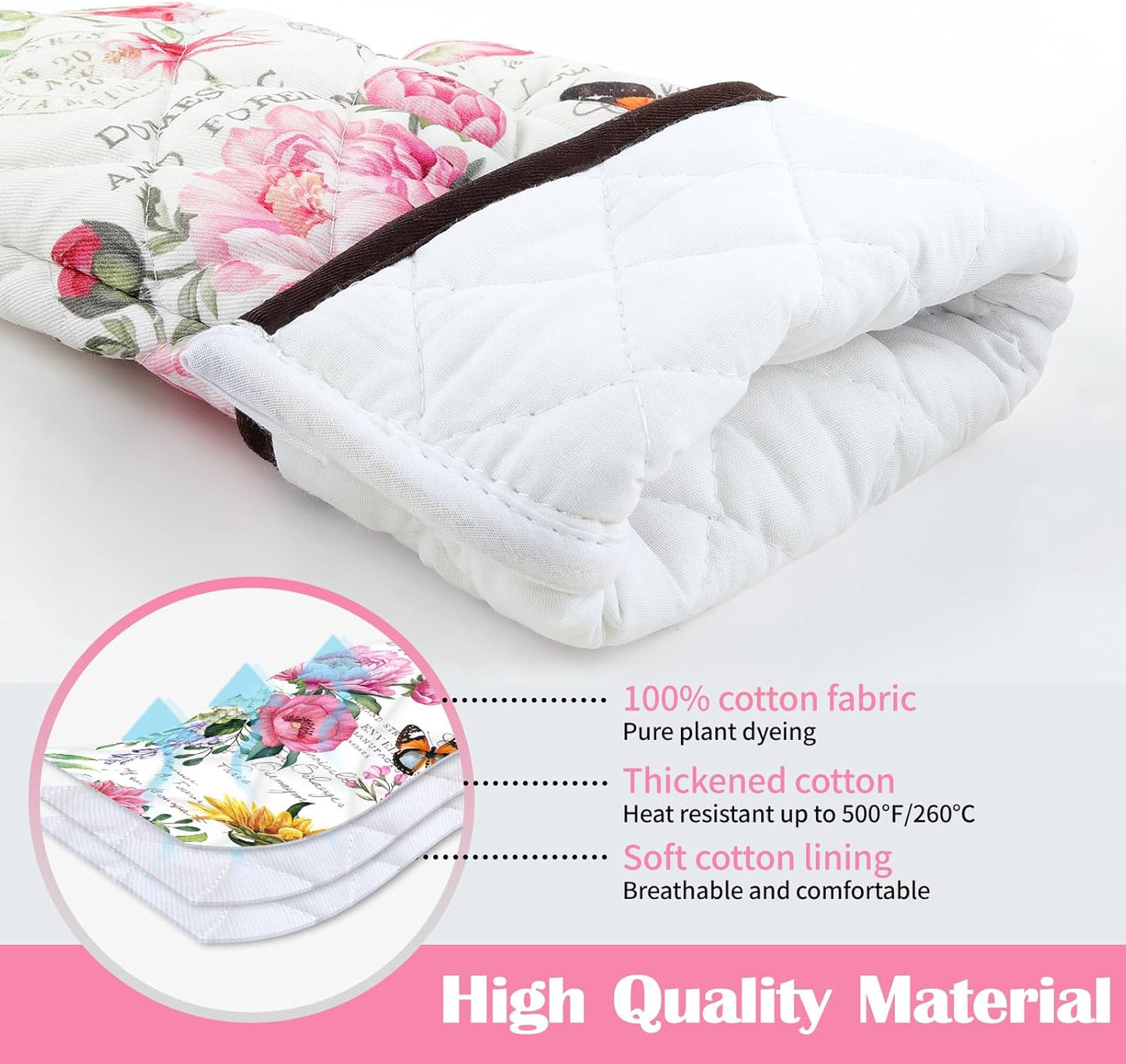 Vintage Flower Oven Mitts and Pot Holders Sets 4Pcs, 100% Cotton Heat Resistant, Extra Long Oven Gloves Potholder for Kitchen Cooking Baking Decoration