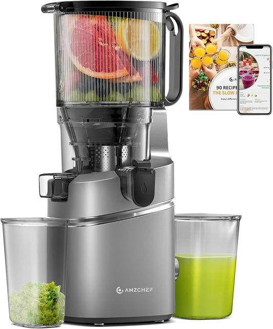 AMZCHEF Juicer Machines, 5.8" Extra Self-Feeding Cold Press Juicer for Whole Vegetable & Fruit, Juice Extractor Machine with Large Auger & Triple Strainers, Easy to Clean, High Juice Yield, Grey