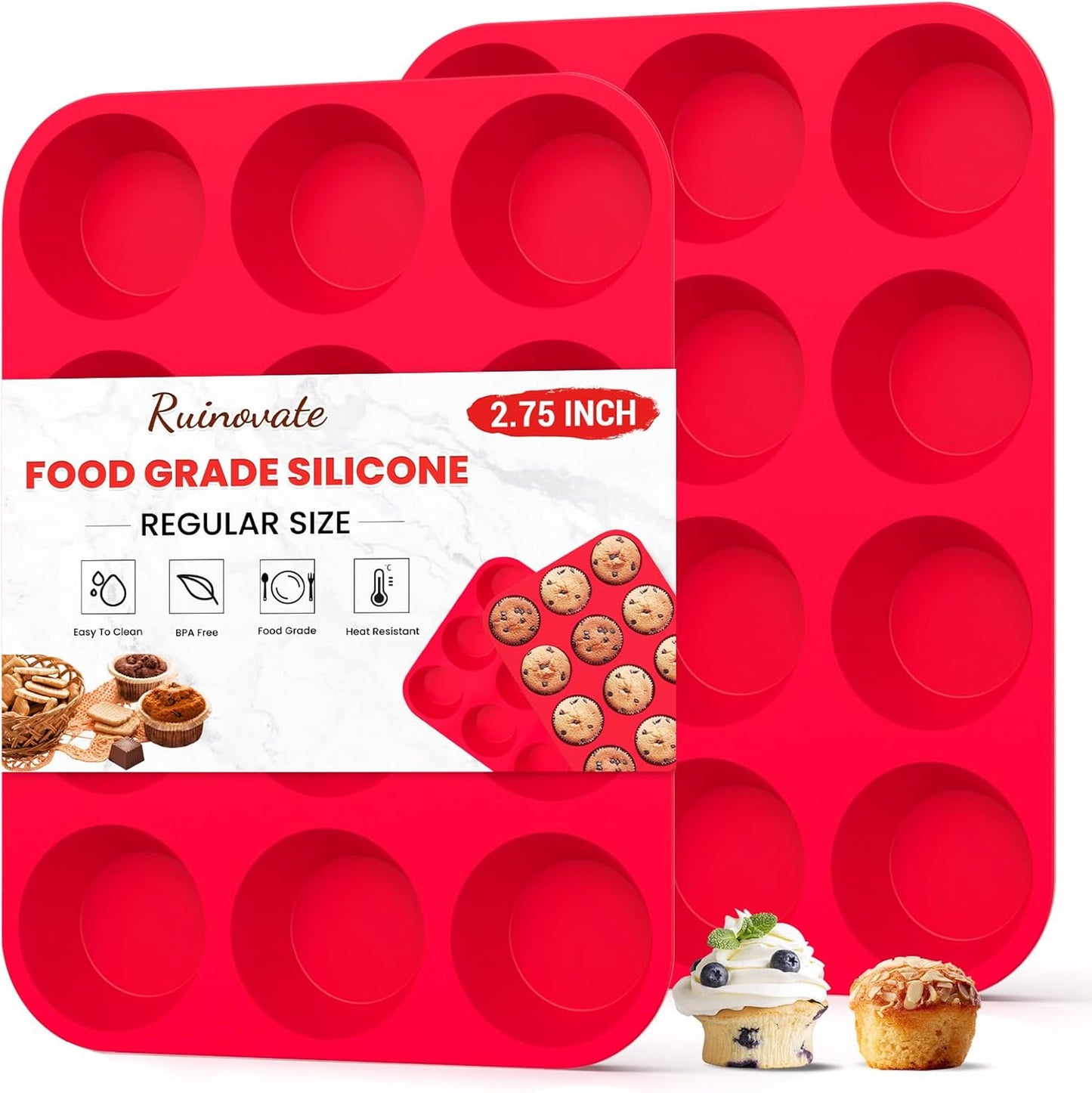 Silicone Muffin Pan 2 Pack - Nonstick Cupcake Baking Pans, Heat Resistant Silicone Molds for Oven, Microwave & Freezer, 12-Cup Reusable Muffin Trays