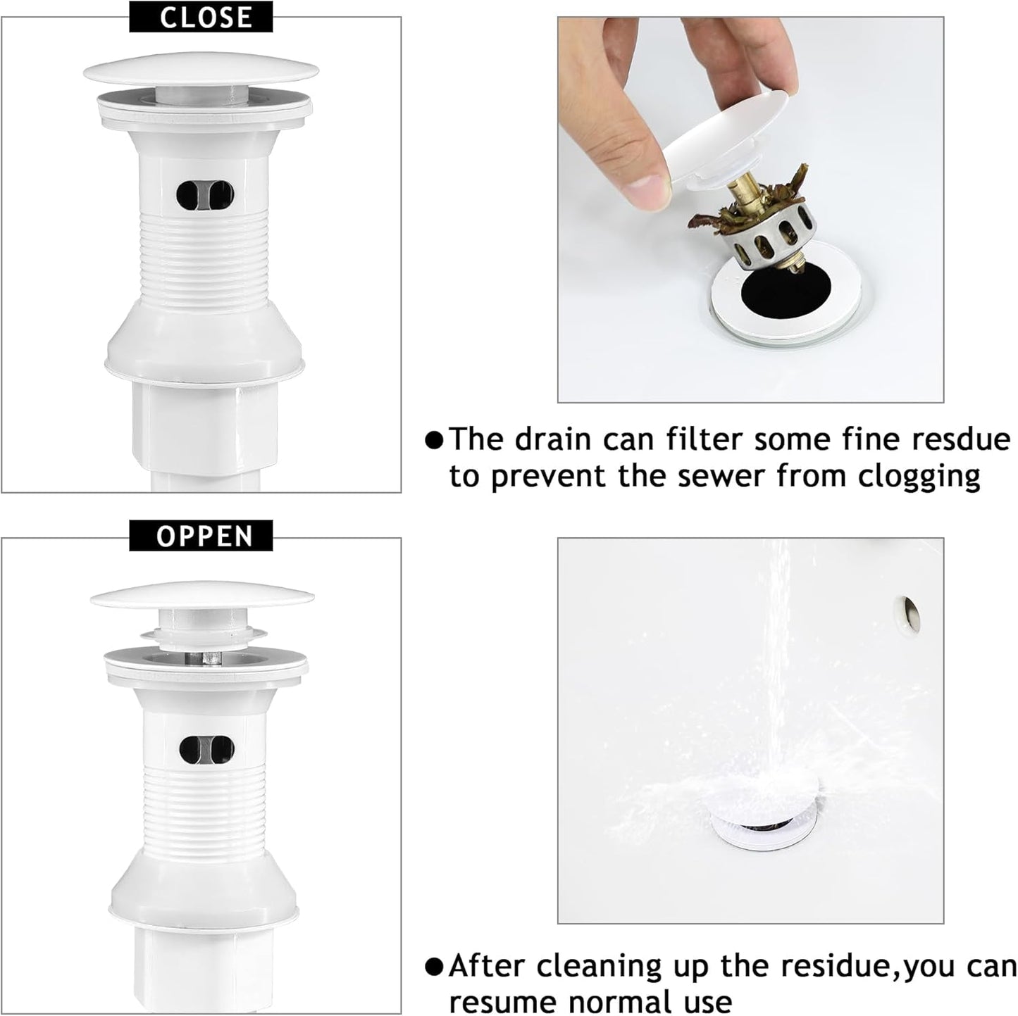 Bathroom Sink Drain,Drain Stopper Bathroom Sink Without Overflow,Pop Up Drain Assembly with Detachable Strainer Basket,Built-in Anti-Clogging, Stainless Steel Nut White