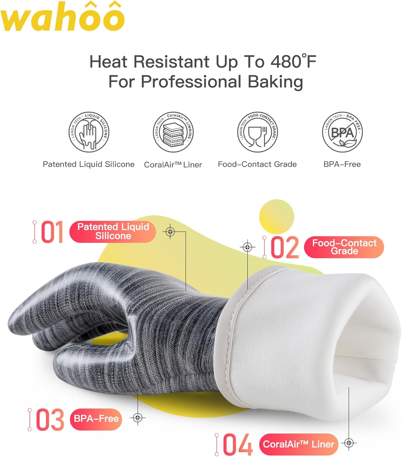 wahoo Liquid Silicone Smoker Oven Gloves, Food-Contact Grade, Heat Resistant Gloves for Cooking, Grilling, Baking, Grey, Large