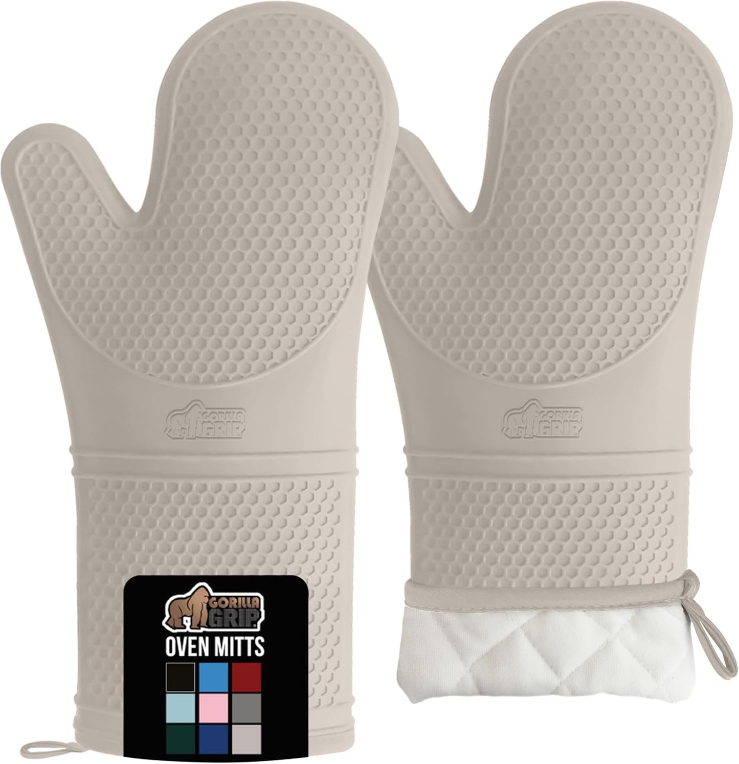 GORILLA GRIP BPA-Free Soft Silicone Oven Mitts, 14.5x8.3, Heat Resistant and Waterproof Cooking Gloves, Thick Cotton Lining, Flexible Gripping for Baking Grilling, Kitchen Potholders Set of 2, Almond