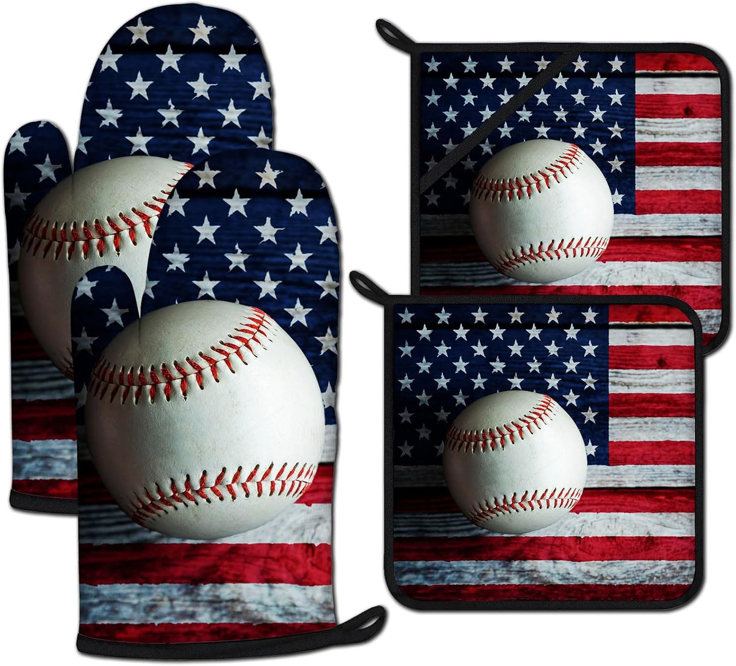 American Flag Baseball Oven Mitts and Pot Holders Sets Heat Resistant 4Pcs Potholders Oven Gloves Hot Pads for Kitchen Baking Cooking Grilling BBQ