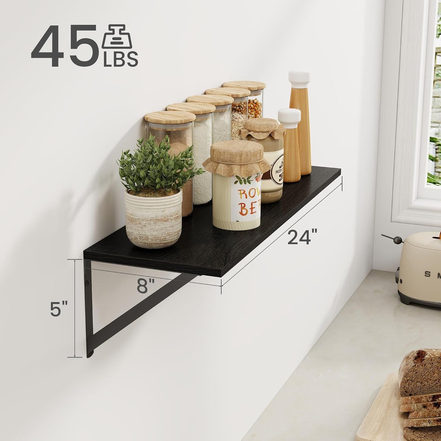 Heimlove Black Deep Floating Shelves for Wall, 24W x 8D Wood Wall Shelves Set of 2, Wide Floating Bookshelf for Living Room, Kitchen, Office, Bedroom and Decor Storage, with Metal Bracket - Black