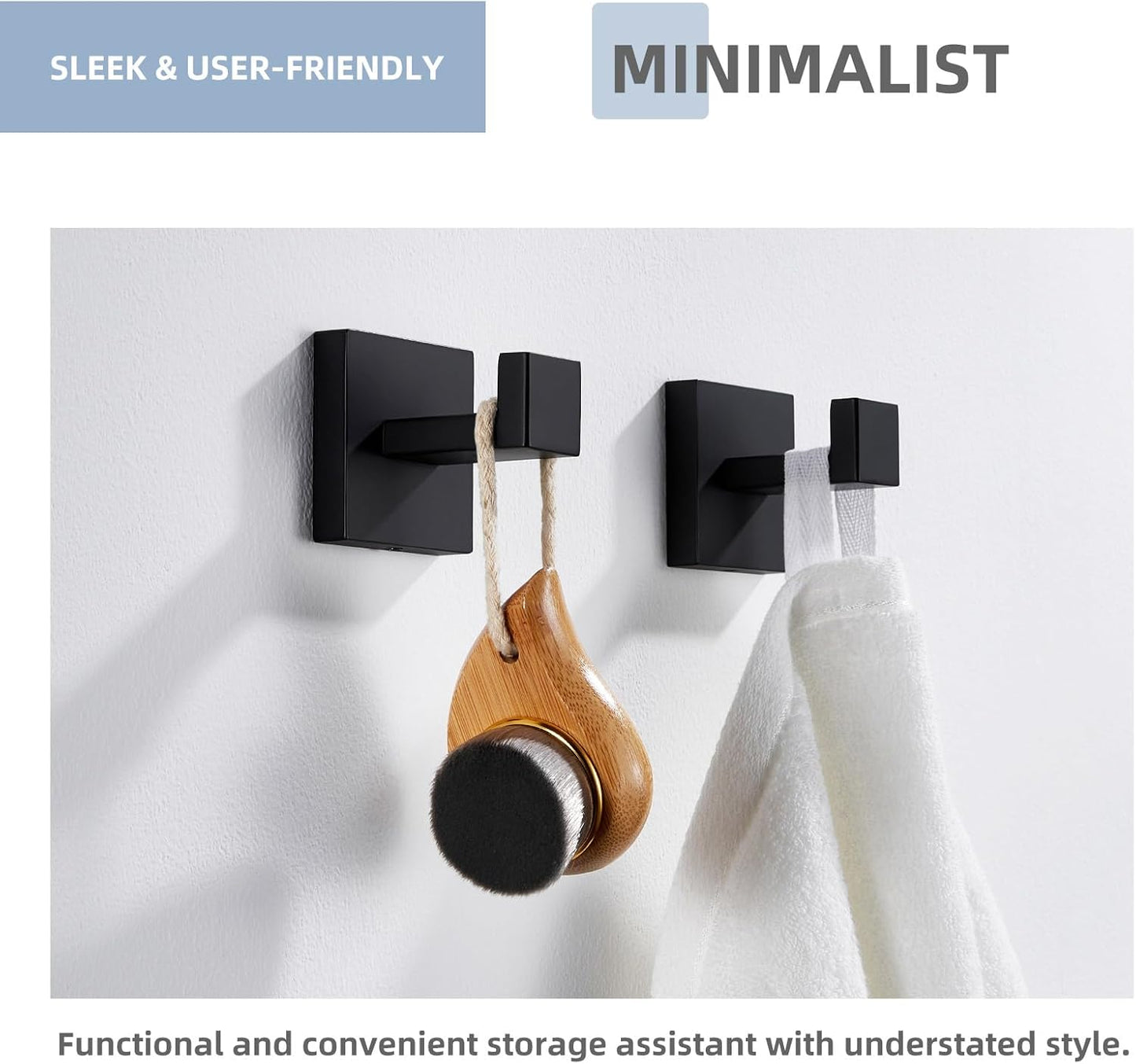Angle Simple Matte Black Towel Hooks for Bathroom, SUS 304 Stainless Steel Square Wall Coat Hooks, 2 Pack