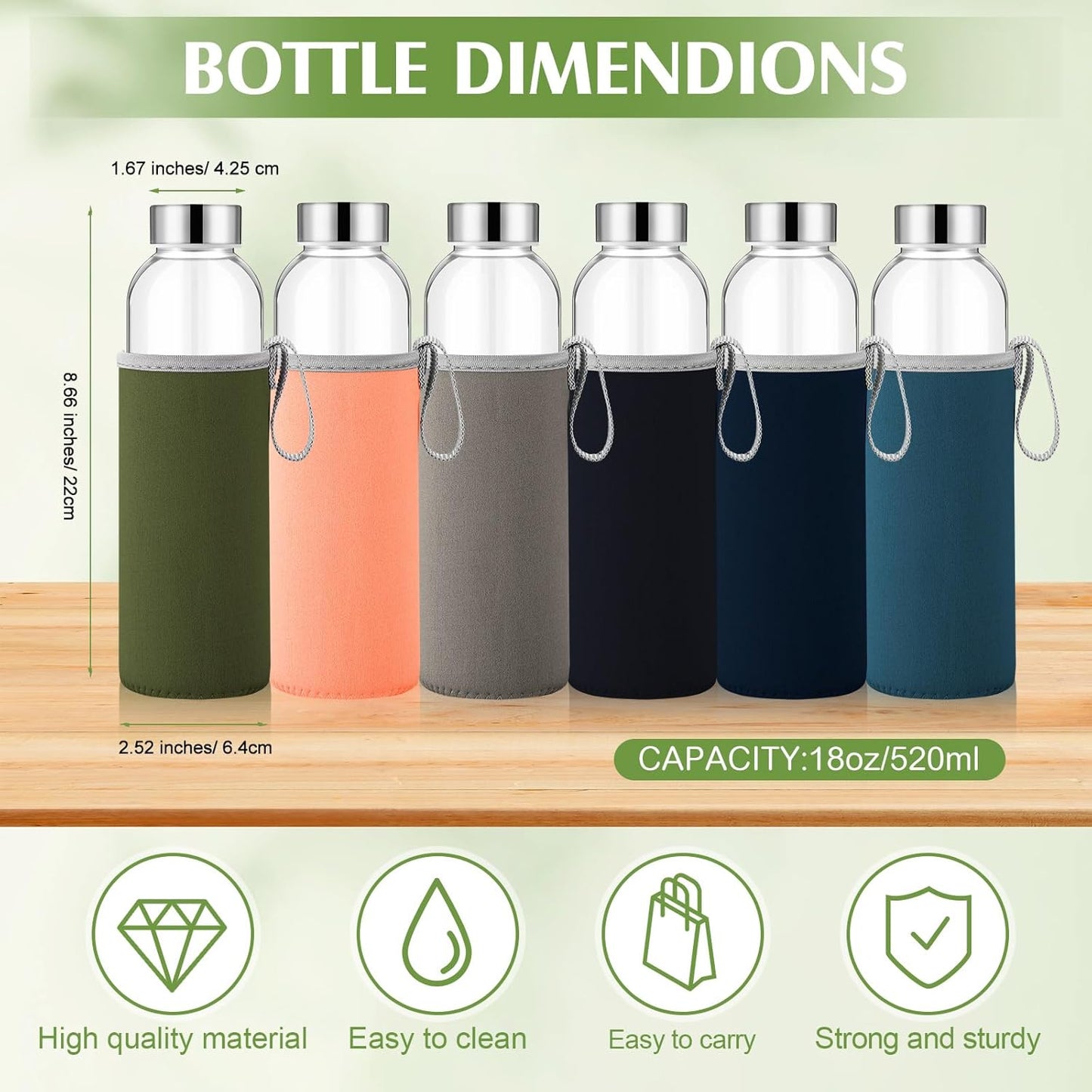 Vesici 12 Set 18 oz Clear Glass Water Bottles, Reusable Glass Juicing Bottles with Protection Sleeve and Stainless Steel Leak Proof Lids for Milk Smoothie Juice Beverage Tea (Colorful,Low Profile)