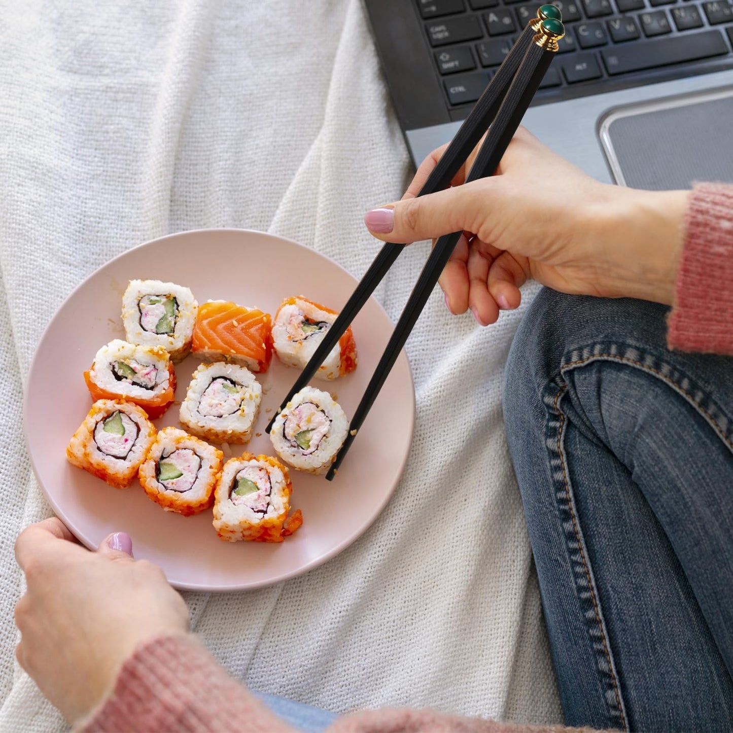 GLAMFIELDS 5 Pairs Premium Chopsticks Reusable Dishwasher Safe 10.5 Inch Gift Set Hexagon Black Chop Sticks with the Green Tops