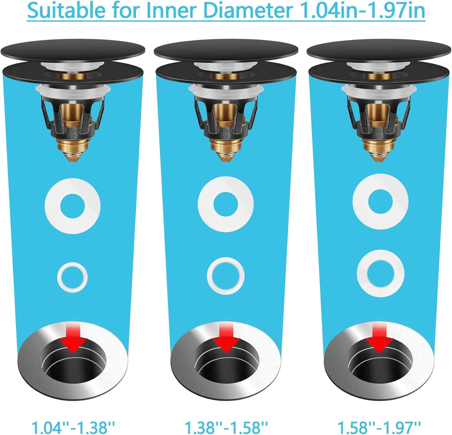 Universal Bathroom Sink Stopper in Brass, 1.04-1.97 Inch Pop Up Basin Sink Drain Stopper, Sink Drain Strainer with Anti Clogging Filter Hair Catcher, Large Lid Black