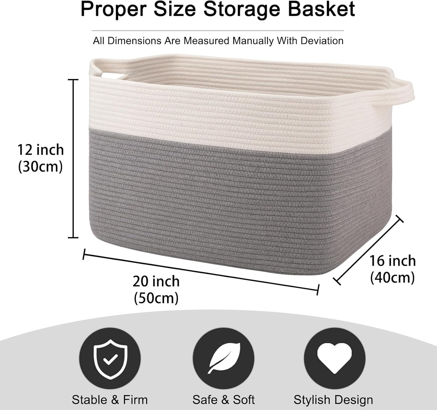 OIAHOMY 65L Blanket Basket, Cotton Rope Woven Blanket storage for Living Room, Rectangle Woven Baskets for Storage, 20''×16''×12'', Grey and White