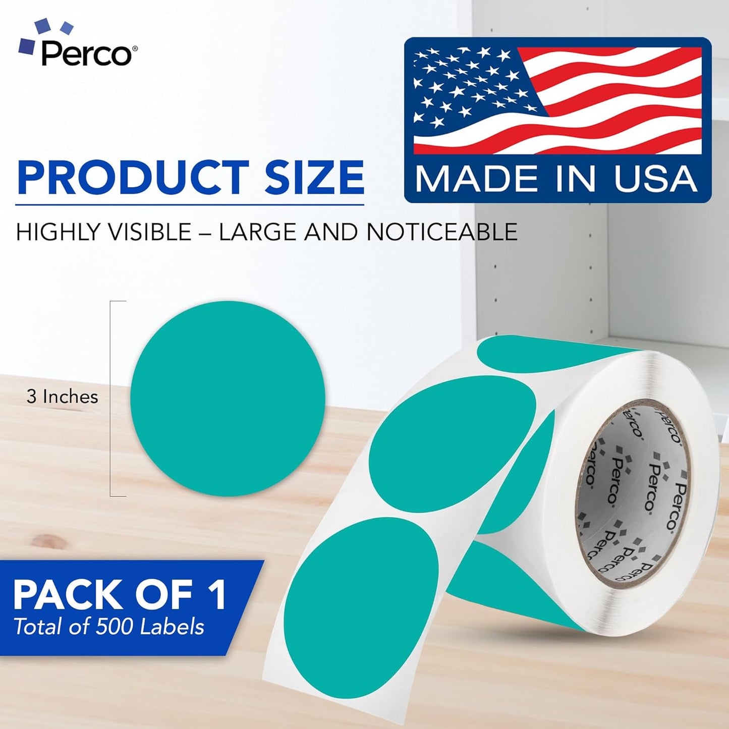 Perco Teal 3-Inch Round Circle Dot Sticker Labels with Easy Peel Perforation - 500 Labels per Roll - Strong Adhesion, Vibrant Colors for Organizing, Crafting & More - Made in USA