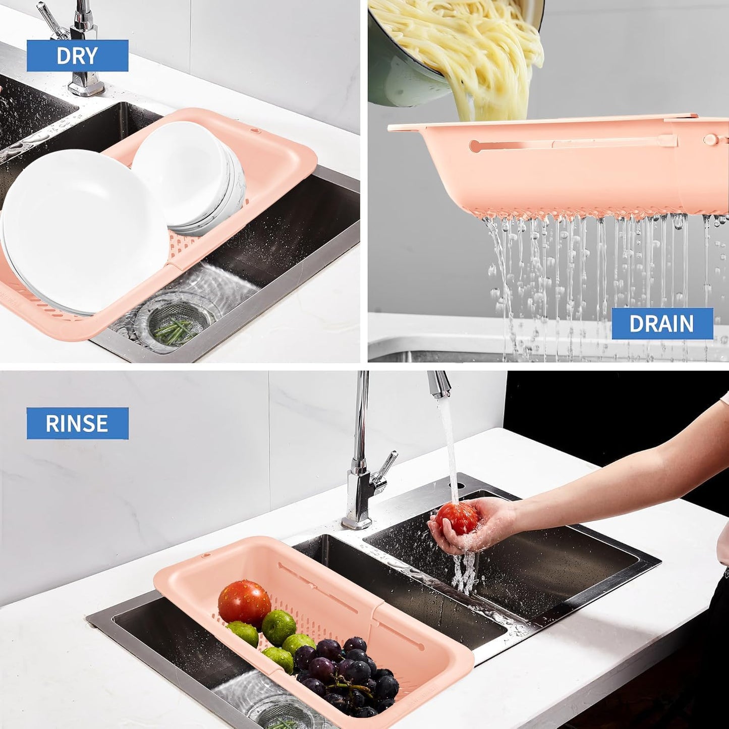 LASSHSWA Collapsible Colander and Strainer for Kitchen, Over the Sink Strainer Basket for Kitchen, Fruit Pasta Food Strainer Expandable Plastic Colander with A Sink Drain Strainer Stainless Steel