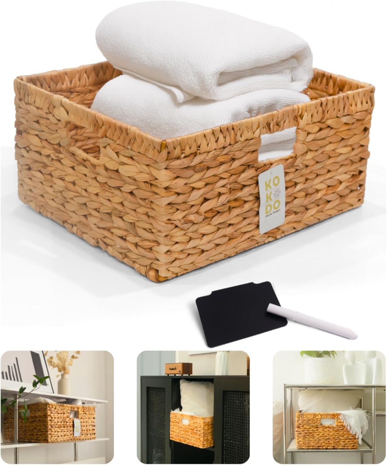 KOKODO 16.5"Lx13"W Large Wicker Storage Baskets with Chalkboard, Stylish and Durable Water Hyacinth Rectangle Handwoven Basket Bin with Metal Frame & Handle for Room Organizing