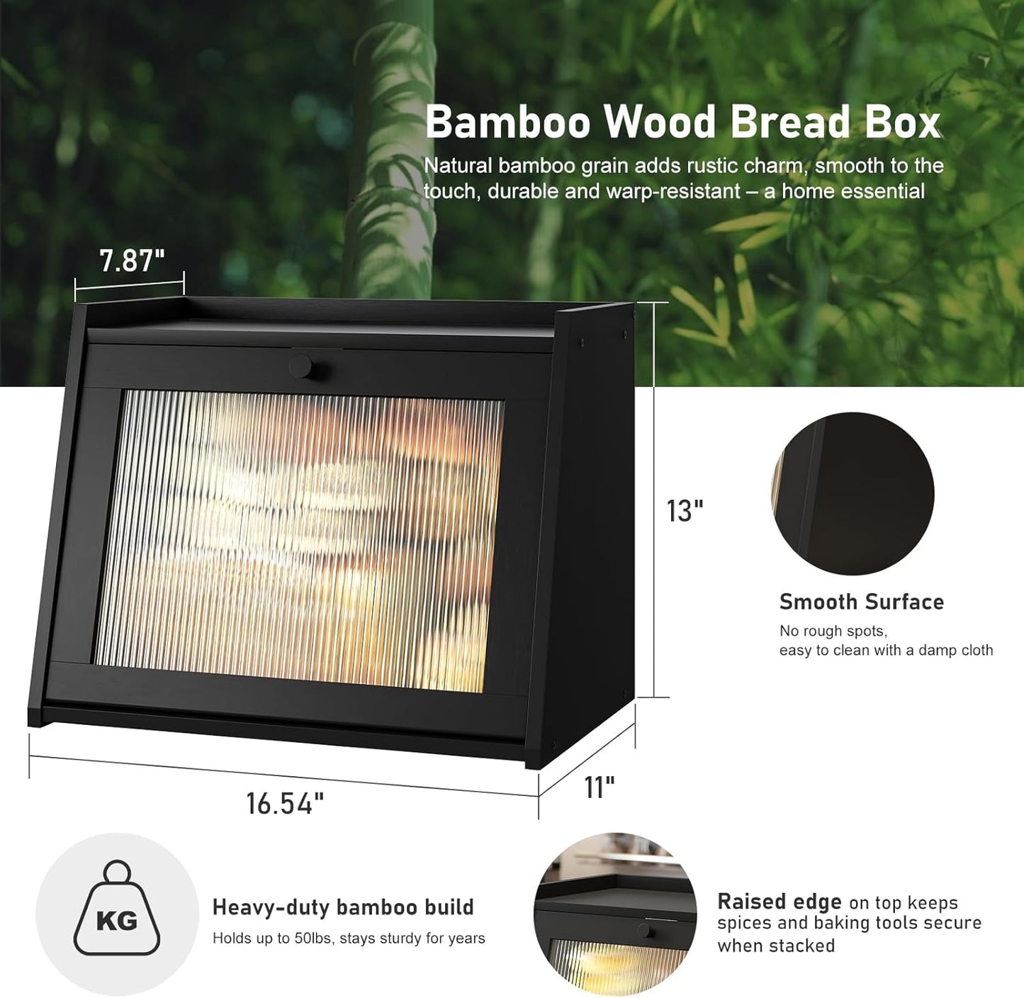 Large Bread Box for Kitchen Counter, Black Bamboo Bread Storage Container with Wavy Arcylic Transparent Door, Bamboo Wooden Farmhouse Bread Box for Your House