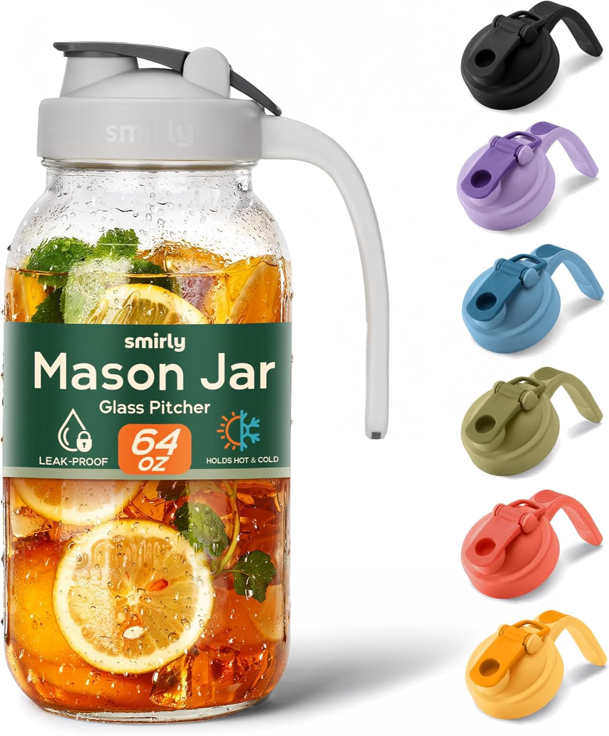 SMIRLY 64 oz Mason Jar Pitcher,Glass Pitcher with Wide Mouth,Water Jug with Double Leak Proof Lid for Iced Coffee,Hot Water,Breast Milk