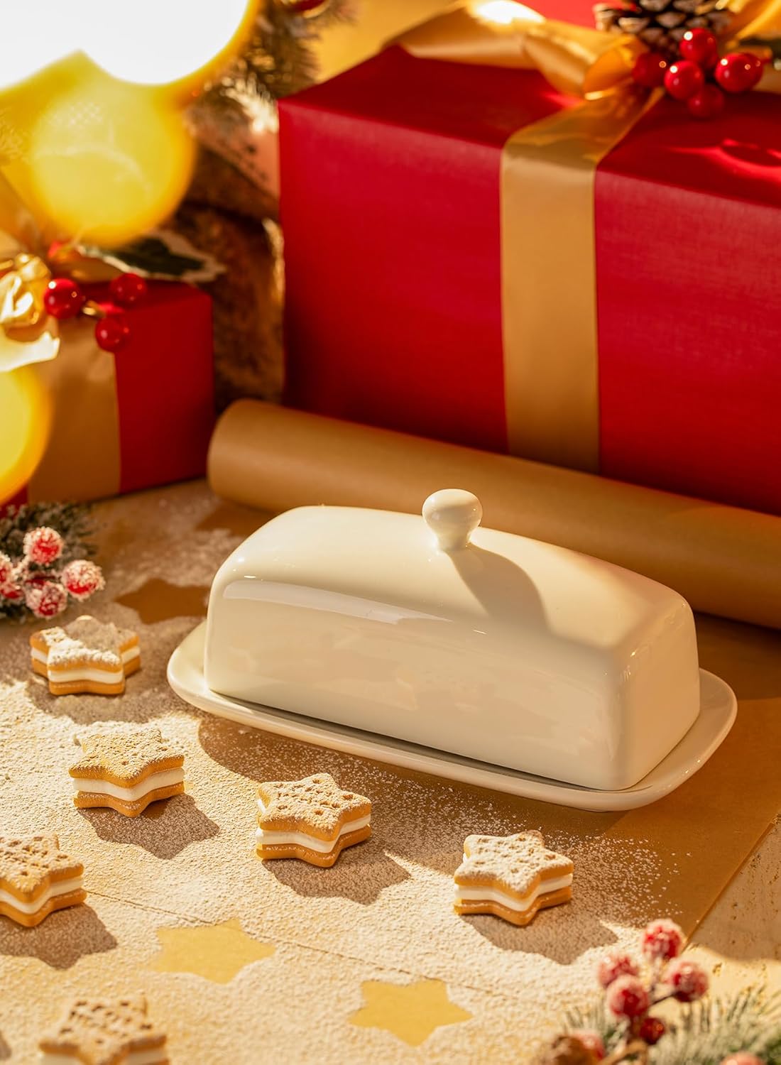 Sweese Butter Dish with Lid, Porcelain Butter Keeper, 7.8 Inch Butter Holder with Handle Cover, Butter Container Perfect for East West Coast Butter, White