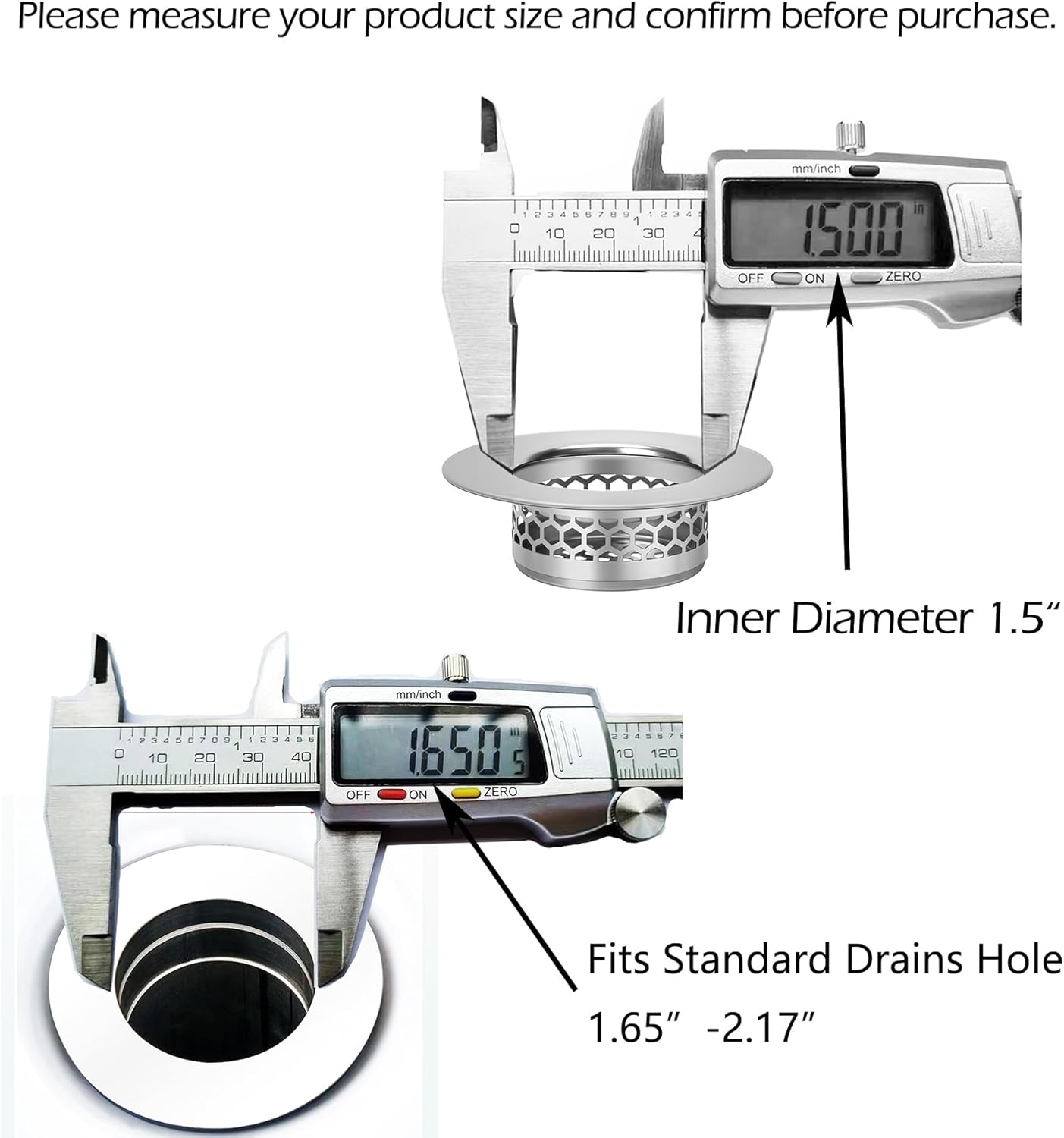 Hair Catcher Shower Drain Bathtub Lavatory Sink Drain Strainer for Laundry, Mop Pool, Utility, Slop, RV Sink, Stainless Steel Drain Filter。Fit Hole Size from 1.65-2.17" ，2Pack (1.5”)