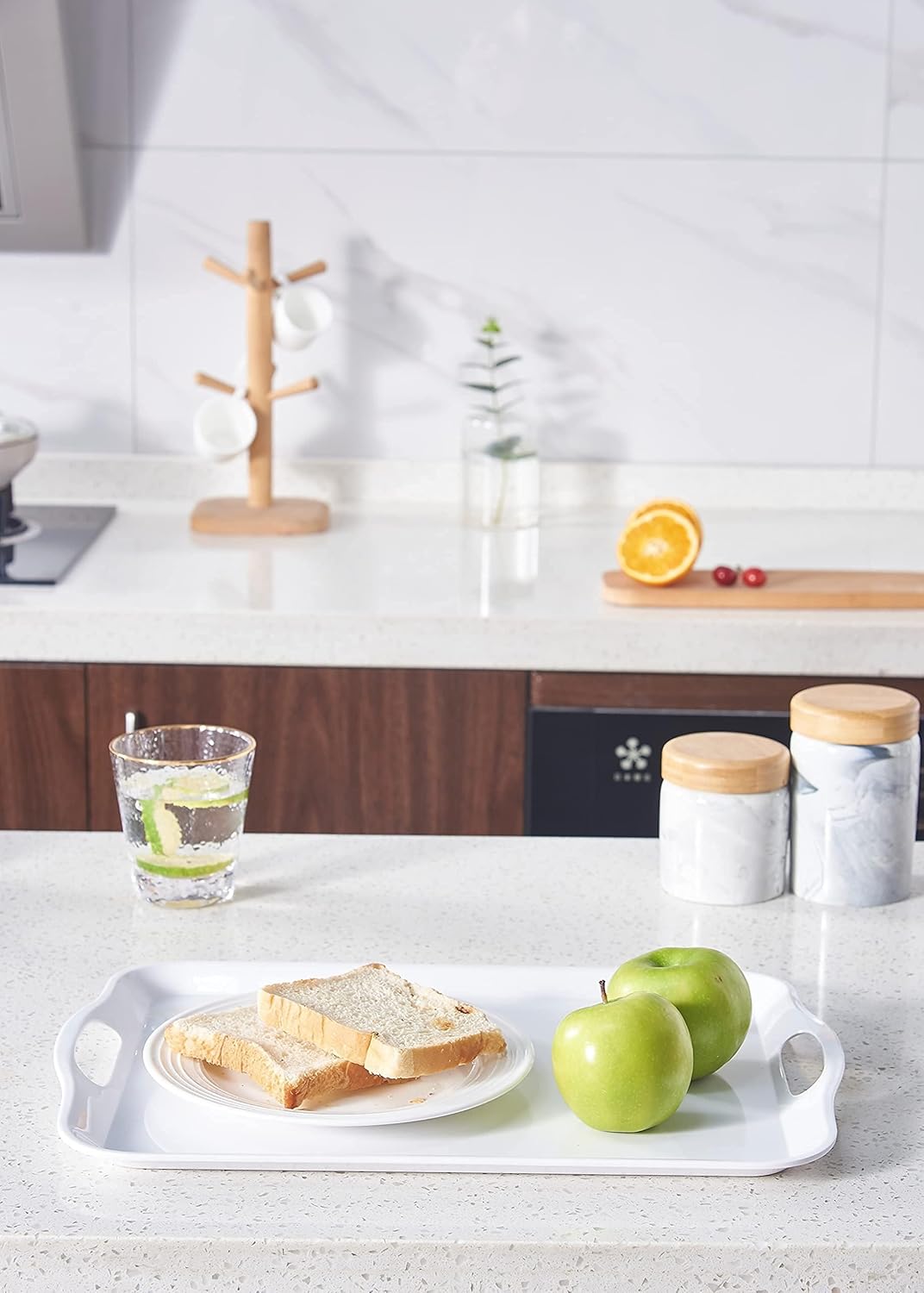 Blue Boat 14" x 10" Serving Trays Set of 2 White, Dinner Tray, Light Weight Easy to Clean Sturdy Stackable Melamine Serving Tray with Handle, Fruit, Snacks, and Desserts Trays