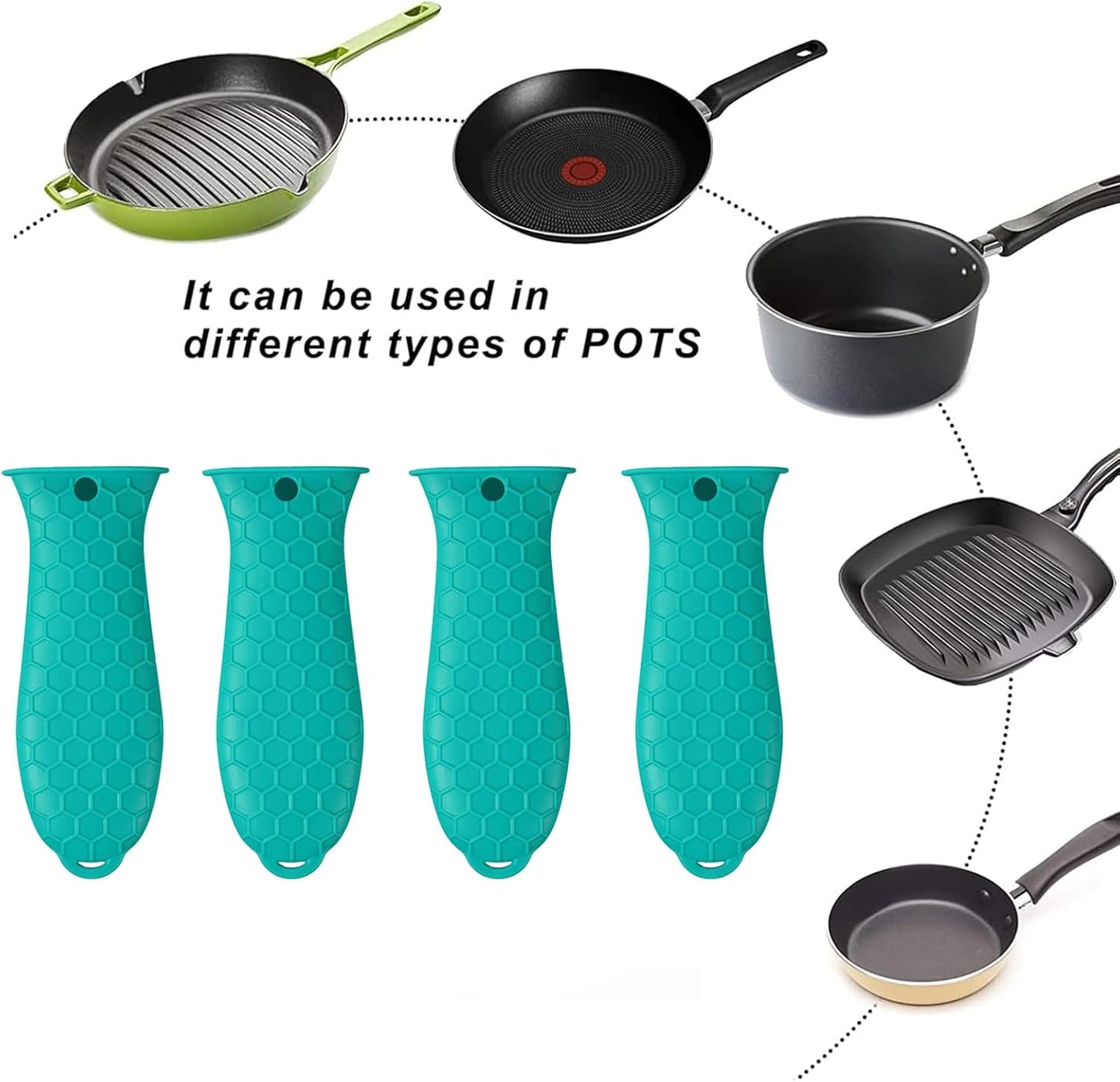 4 Pcs Silicone Hot Handle Holder, Non-Slip Potholder for Cast Iron Skillets & Frying Pans, Heat Resistant Sleeve Grip Cover, Metal Cookware Handle, Lake Blue