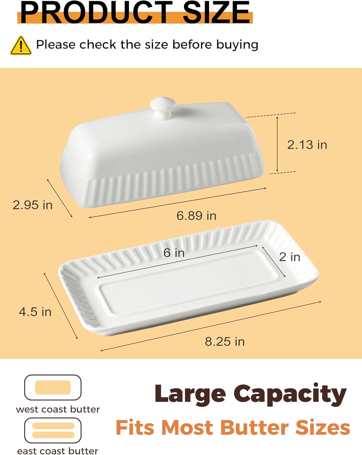 Ceramic Butter Dish with Lid, White Butter Holder Container with Porcelain Cover Knob Handle, Butter Dishes for Countertop Refrigerator, Perfect for East West Coast Butter Storage, Striped
